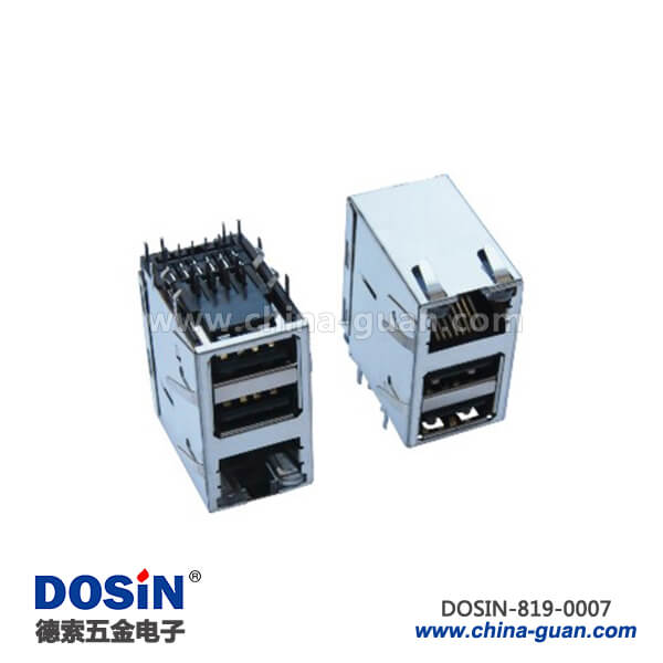 819-0007 RJ45 USB連接器組合6針單RJ45雙USB插孔