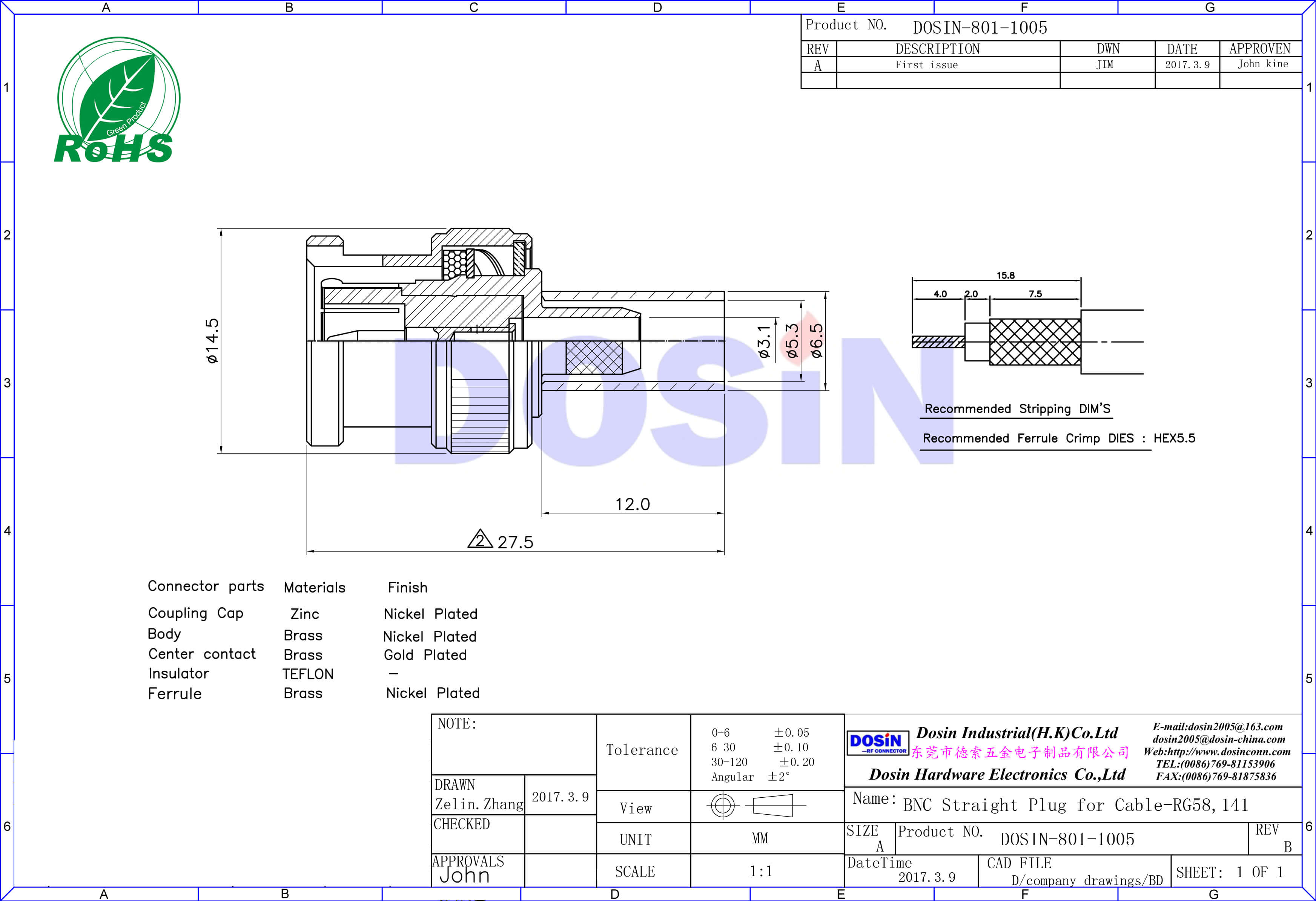 bnc 焊接直式公頭鋅合金同軸射頻電纜連接器