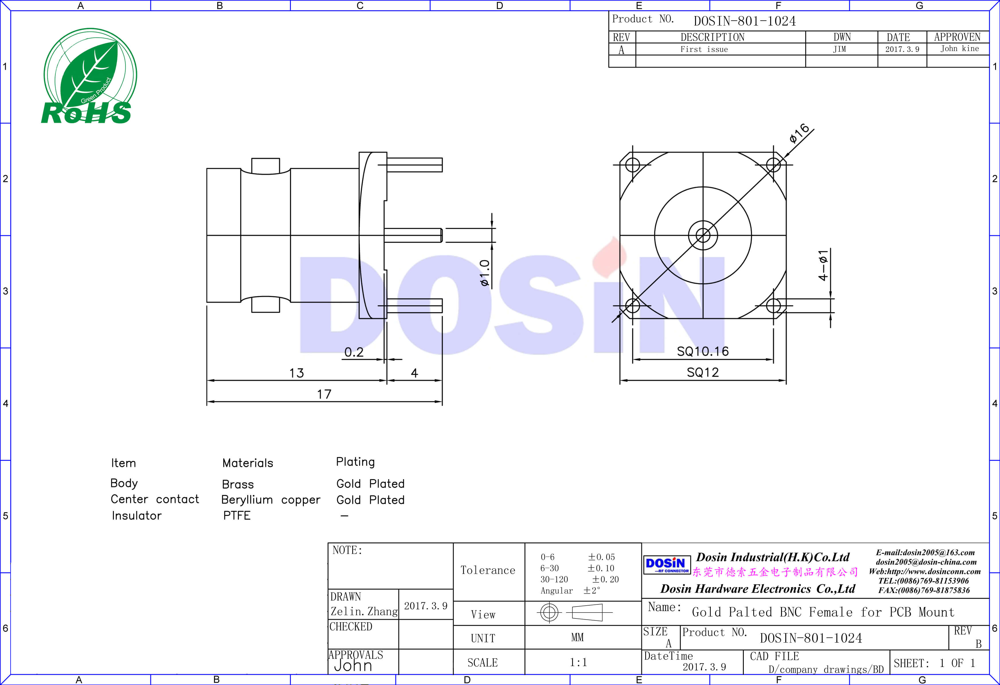 BNC直式母頭射頻同軸鍍金連接器