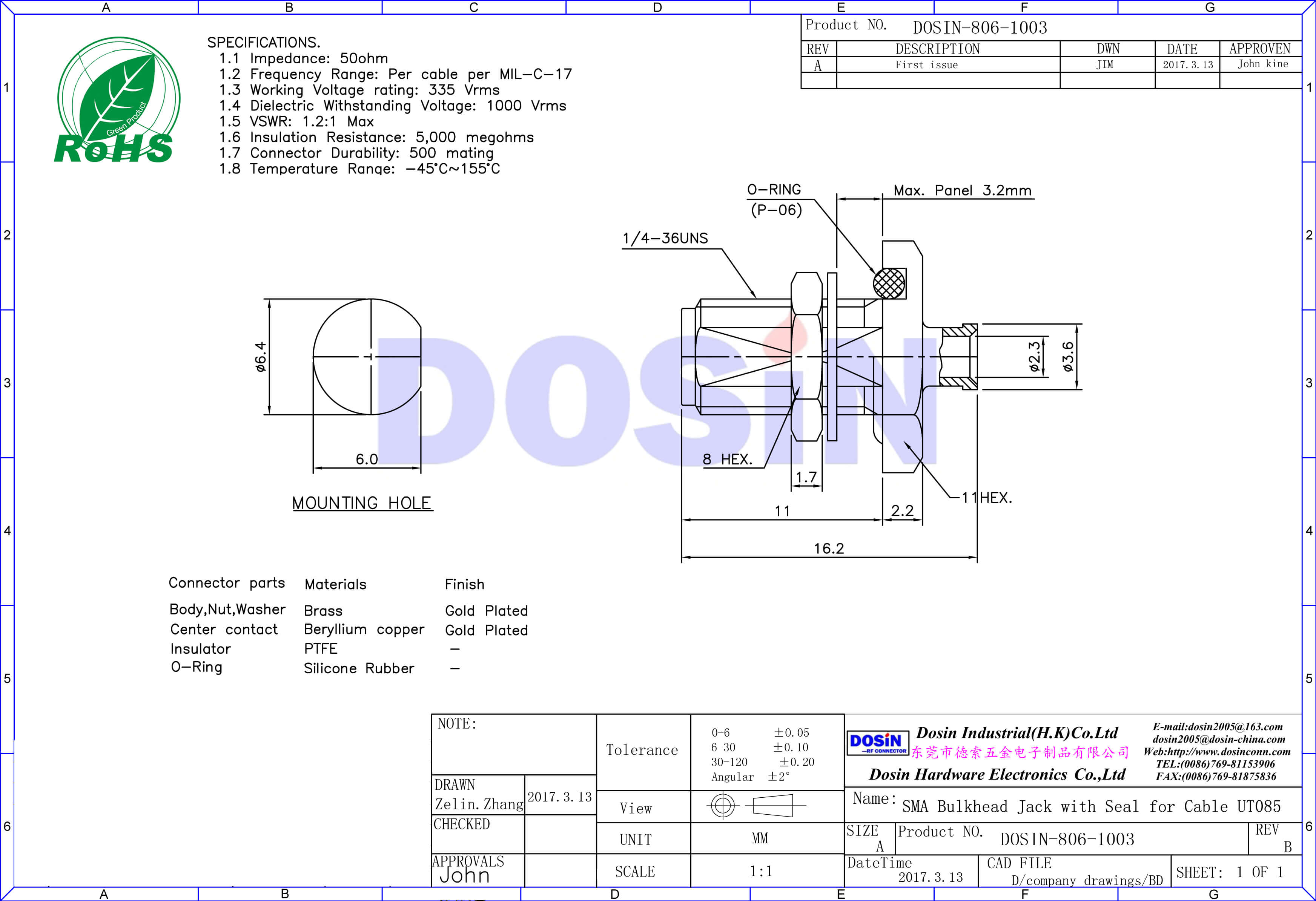sma防水連接器直式穿墻母頭線纜UT085