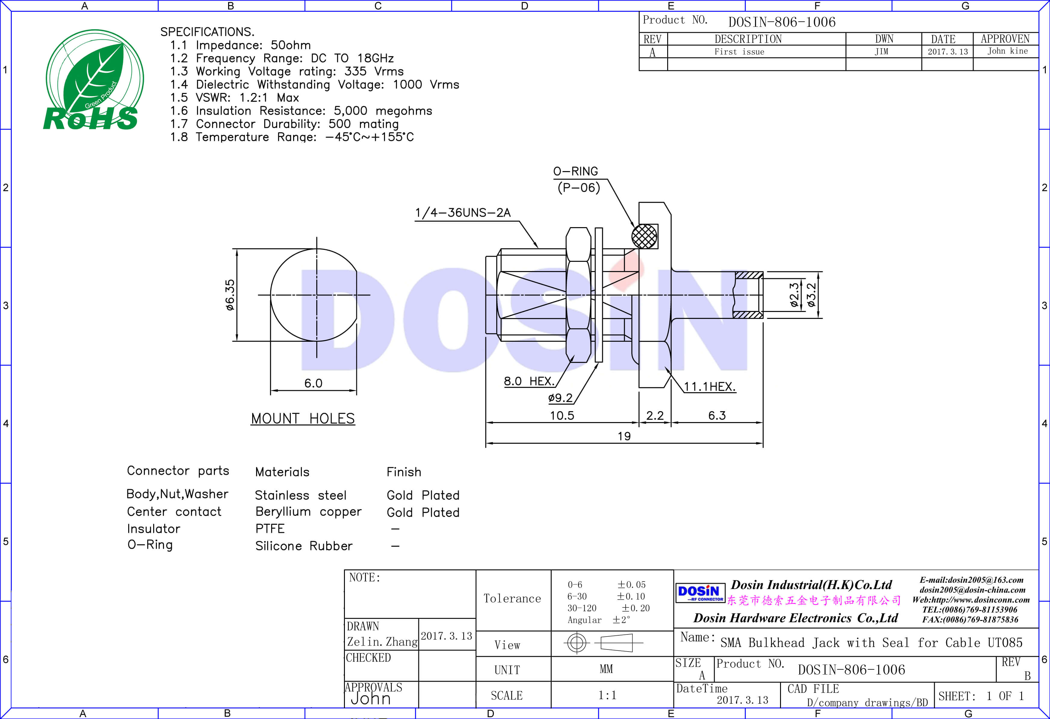 sma直式穿墻焊接母頭防水同軸連接器線纜UT085
