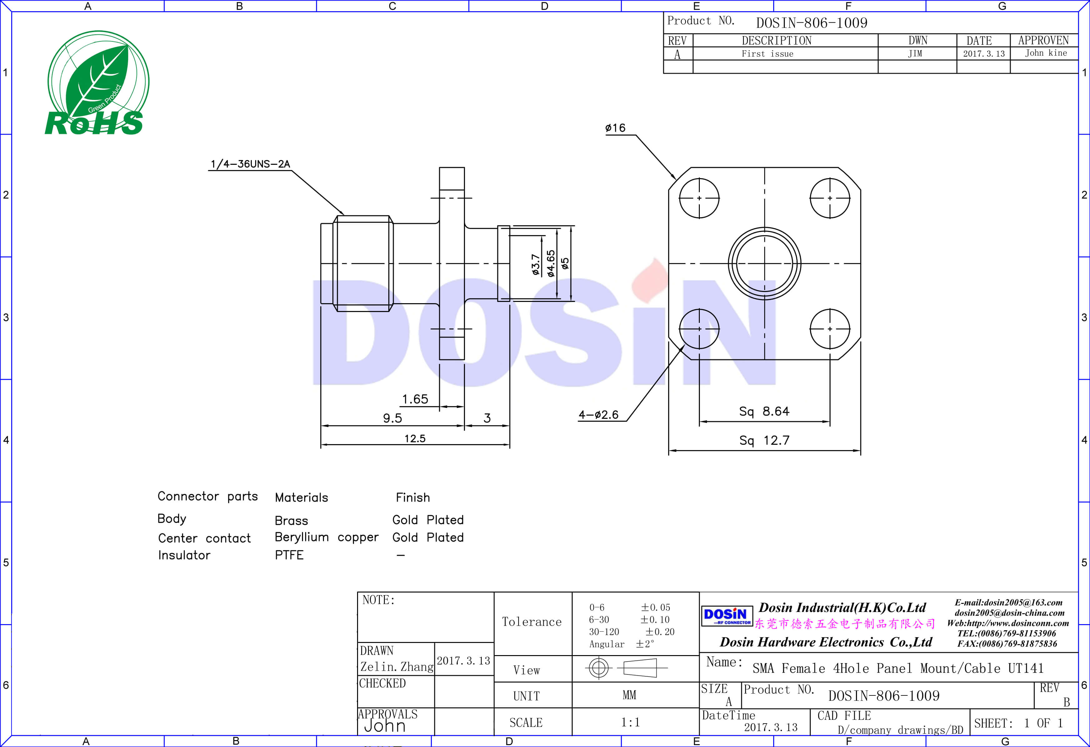 SMA直式法蘭盤(pán)4孔母頭面板安裝