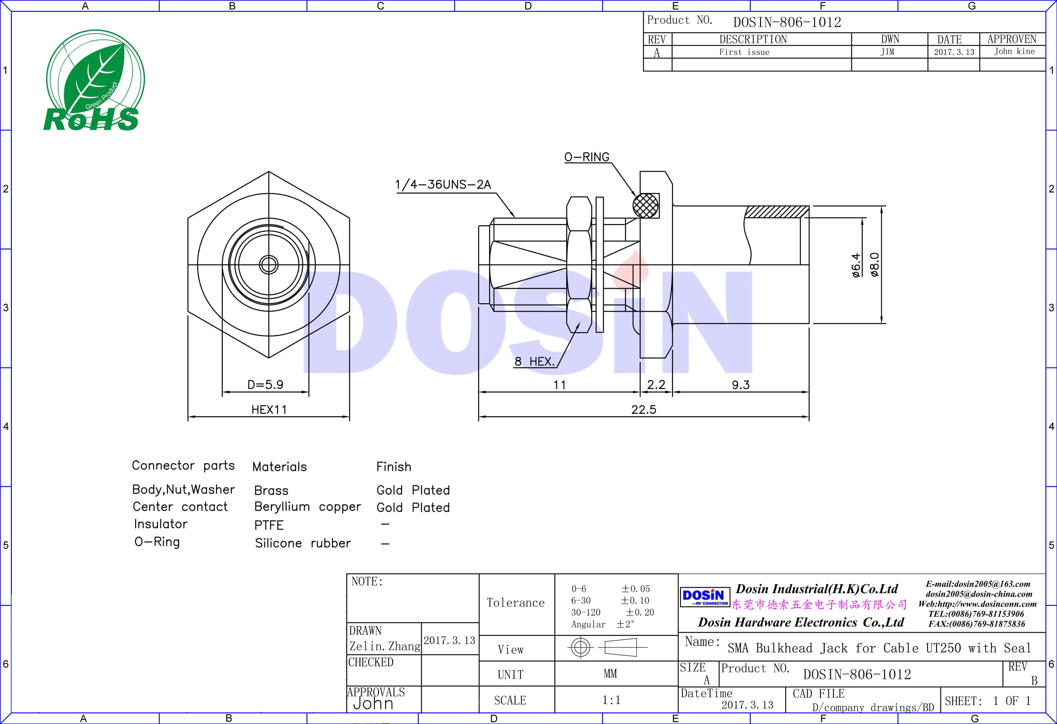 sma連接器,直式,母頭,同軸線纜,UT250,穿墻,同軸線纜,防水