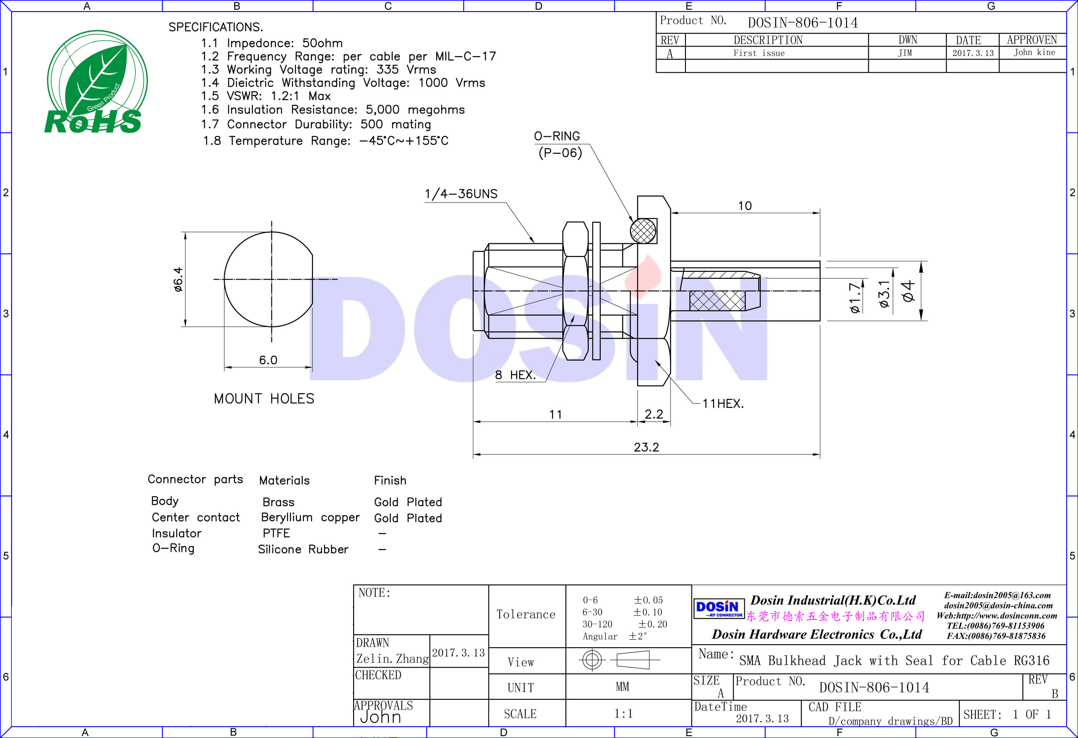 SMA母頭穿墻防水射頻同軸電纜接頭RG316直式