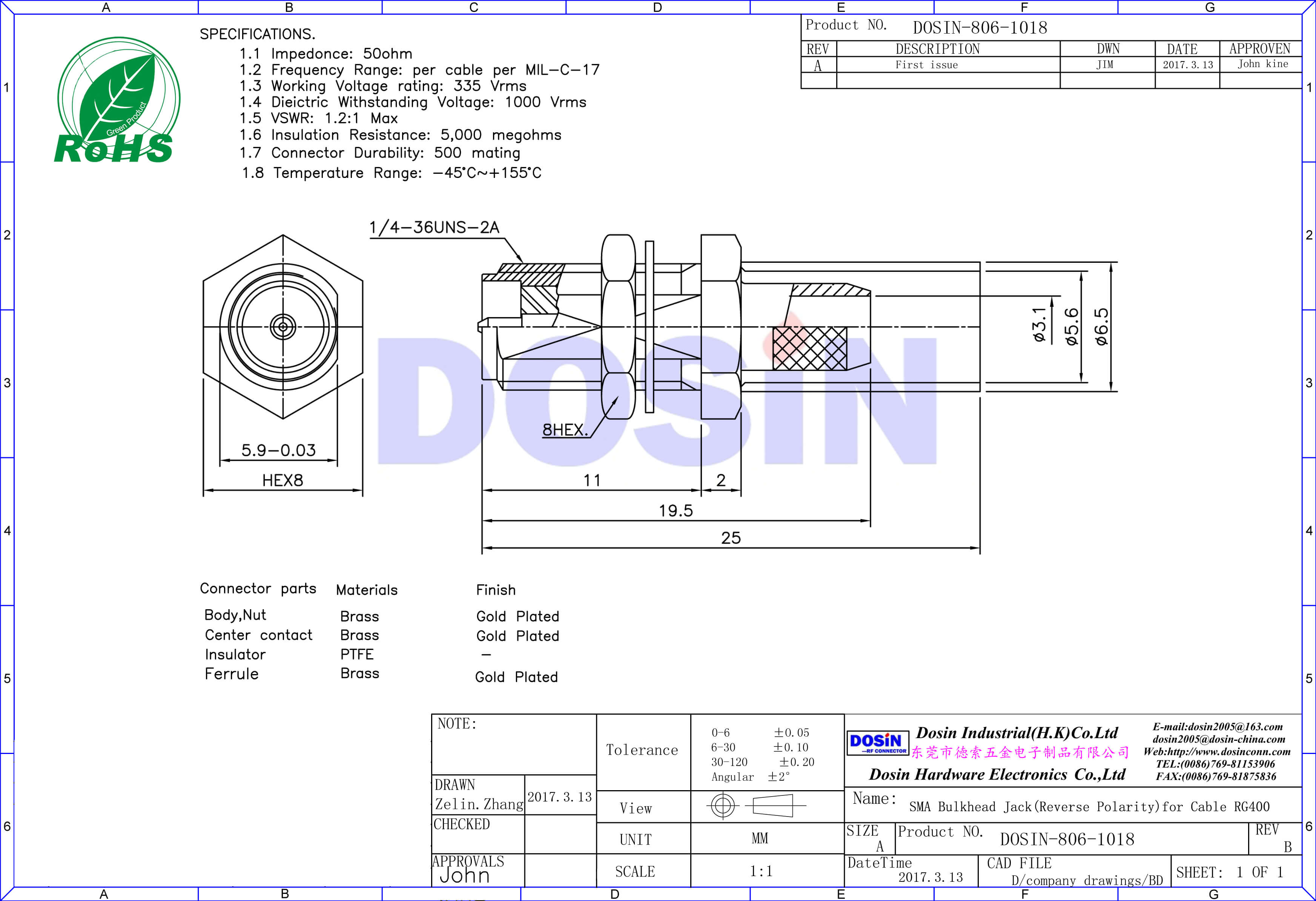 sma反極性插座直式穿墻同軸線纜RG400