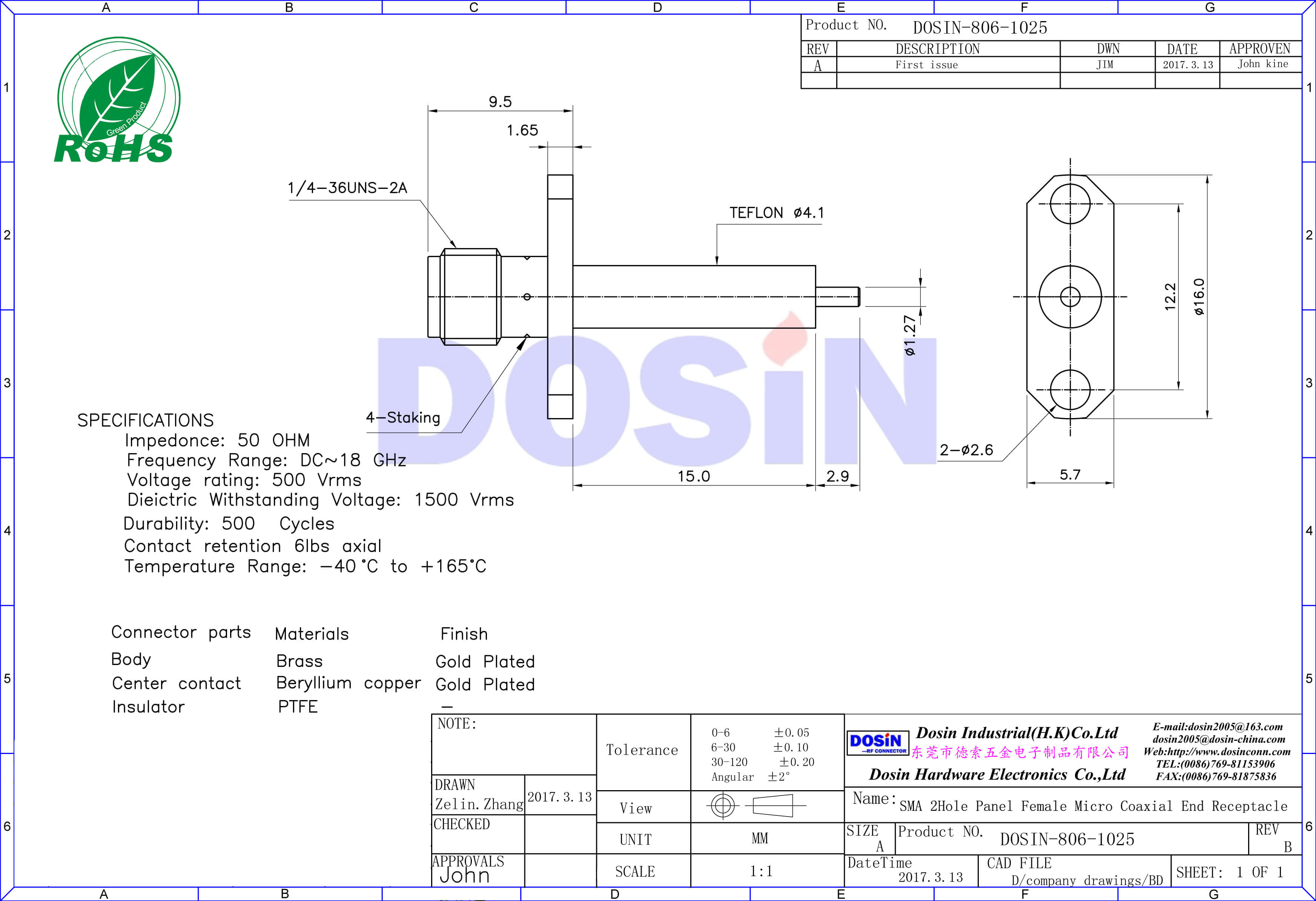 SMA 同軸射頻連接器2孔法蘭直式母頭