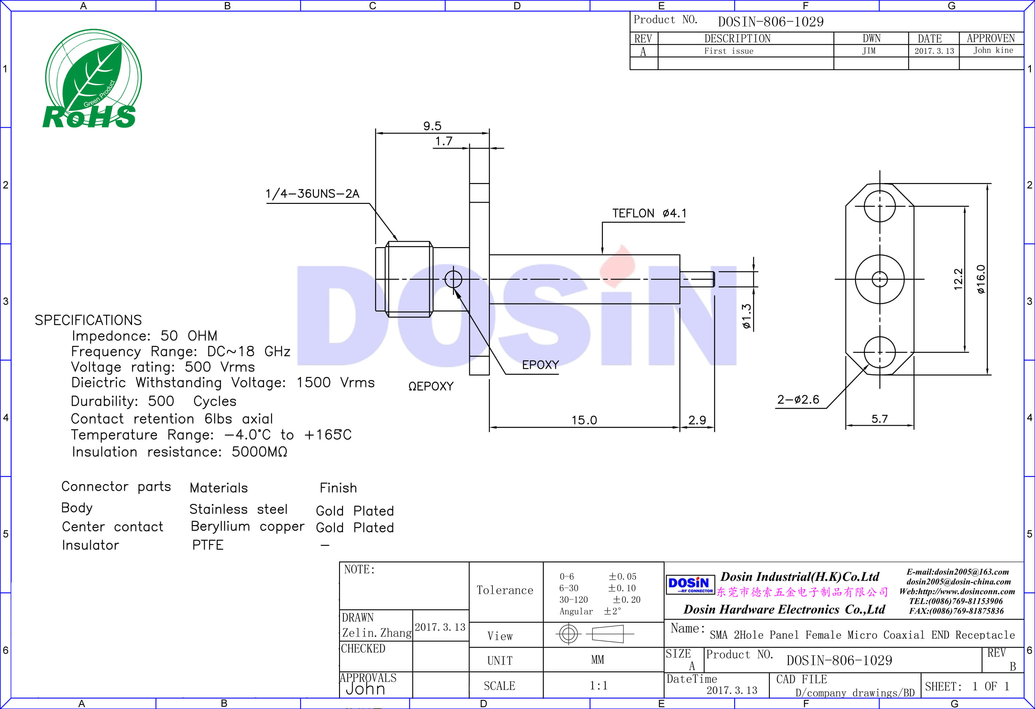 sma標(biāo)準(zhǔn)母頭小型2孔法蘭盤同軸連接器面板安裝