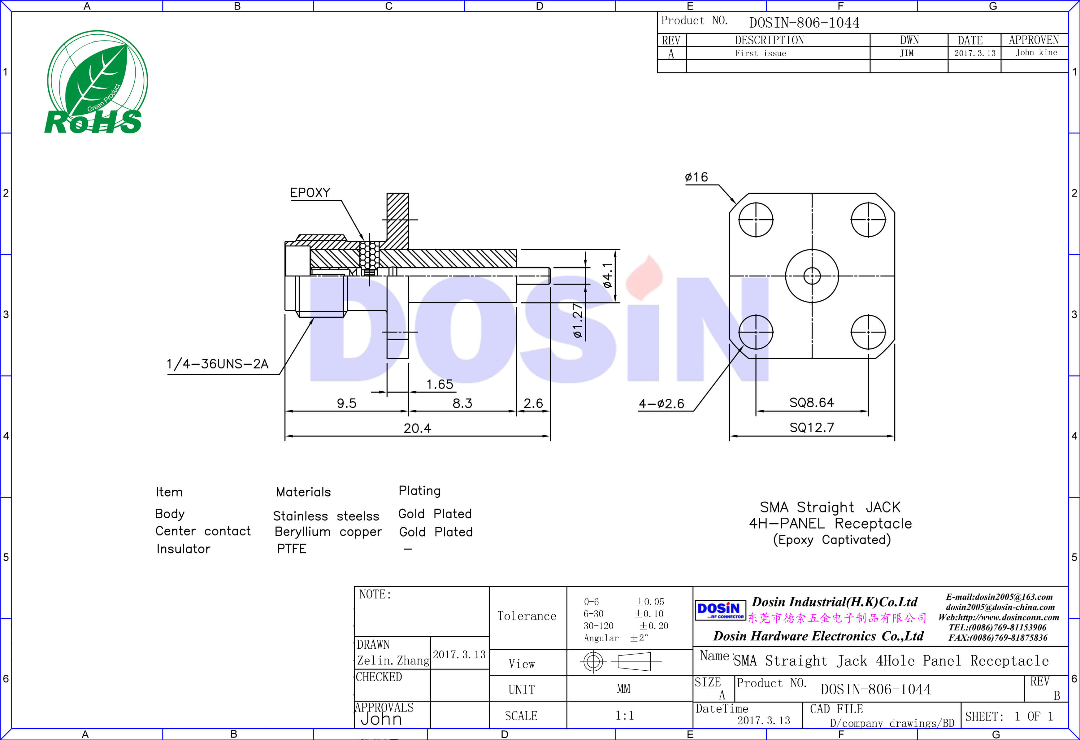 SMA板端方形法蘭盤4孔延長鐵氟龍面板安裝同軸 樹脂灌膠