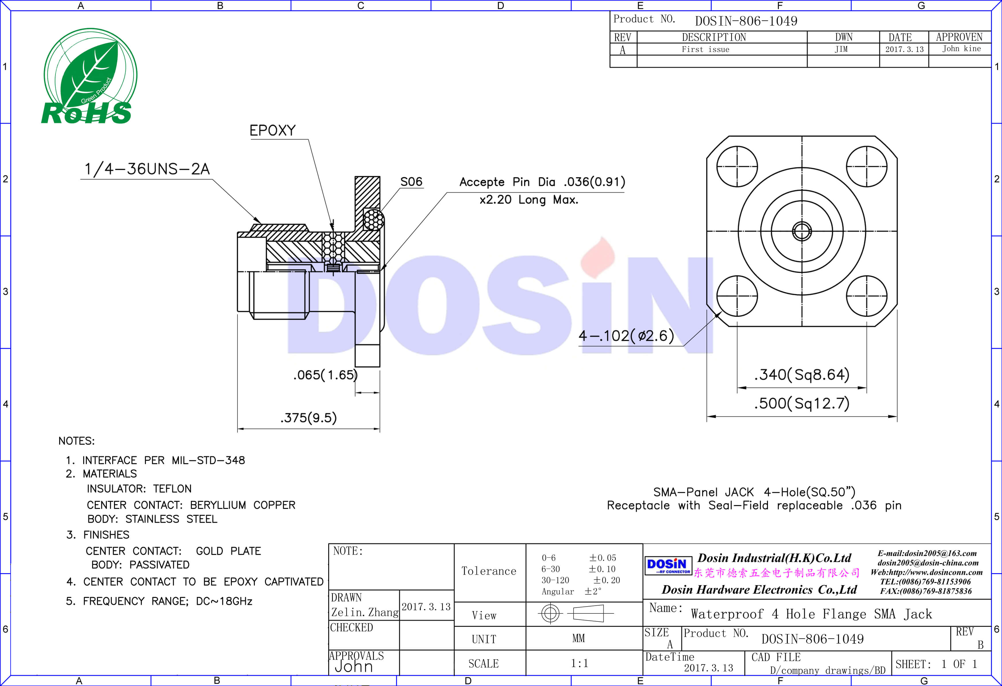 SMA防水連接器樹脂灌膠四孔法蘭盤直式母頭面板安裝有線電視頭