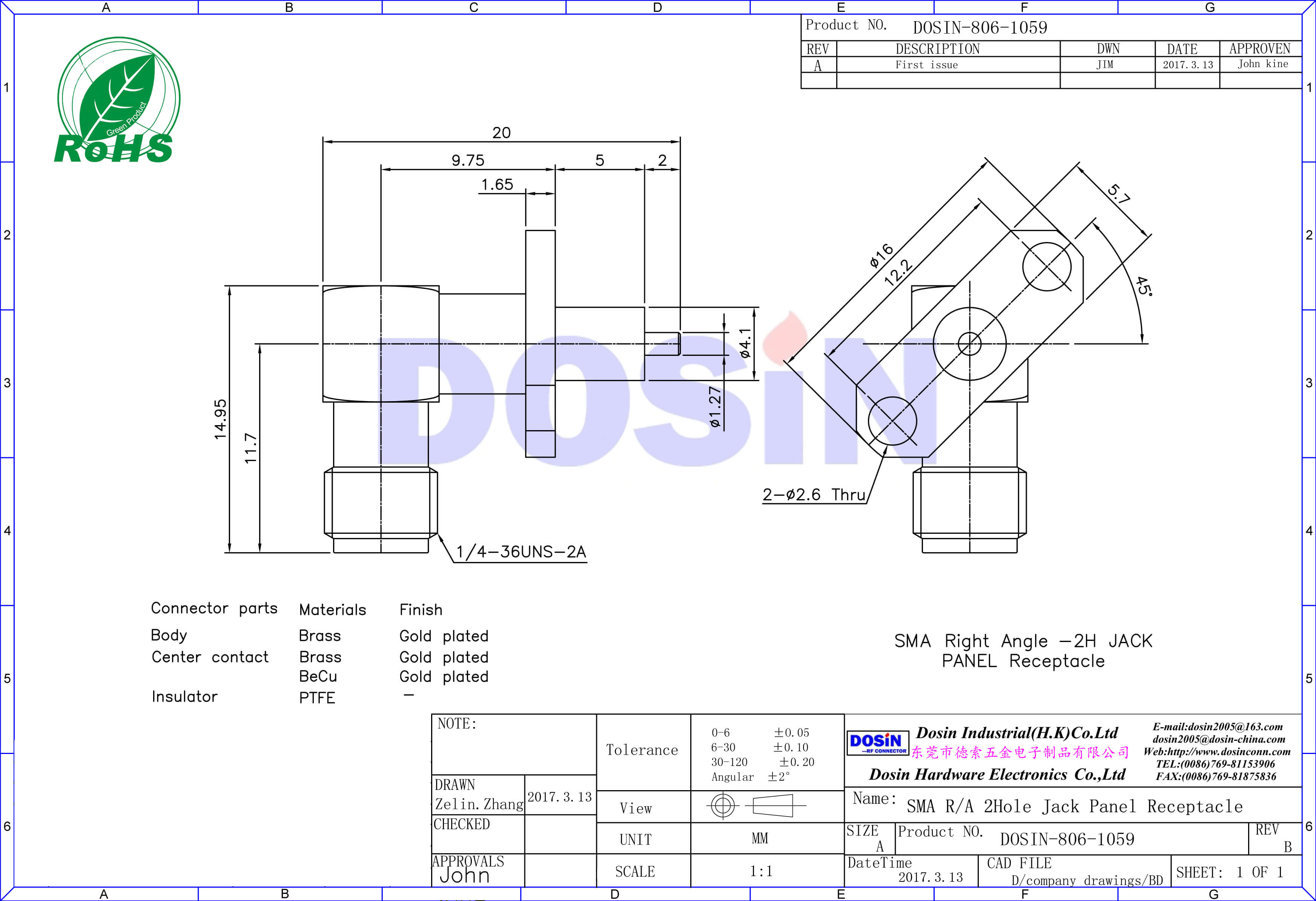 SMA鍍金彎式2孔法蘭連接器面板安裝帶延長鐵氟龍母頭