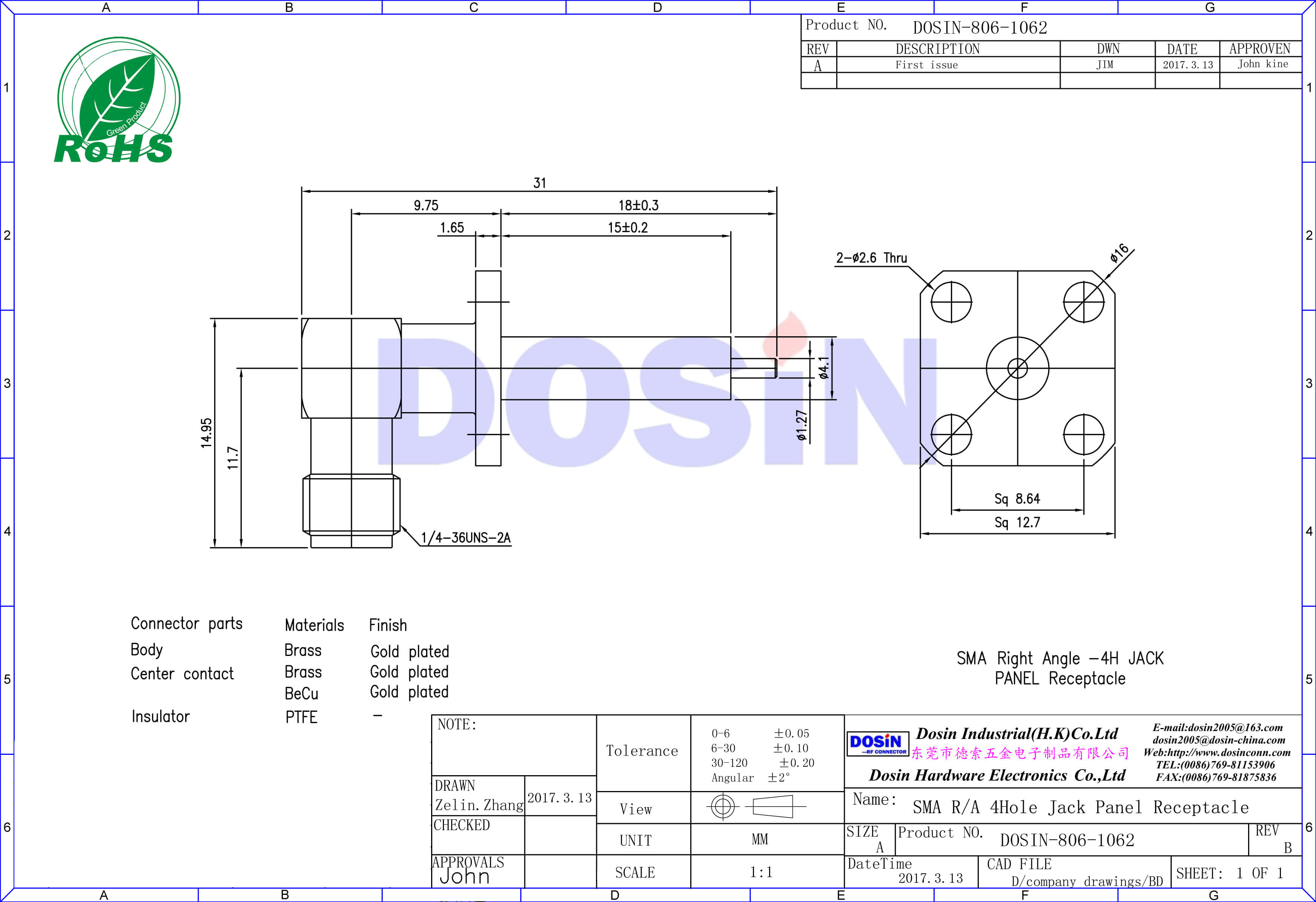 SMA彎式母頭鍍金帶延長鐵氟龍法蘭安裝有線電視連線接頭