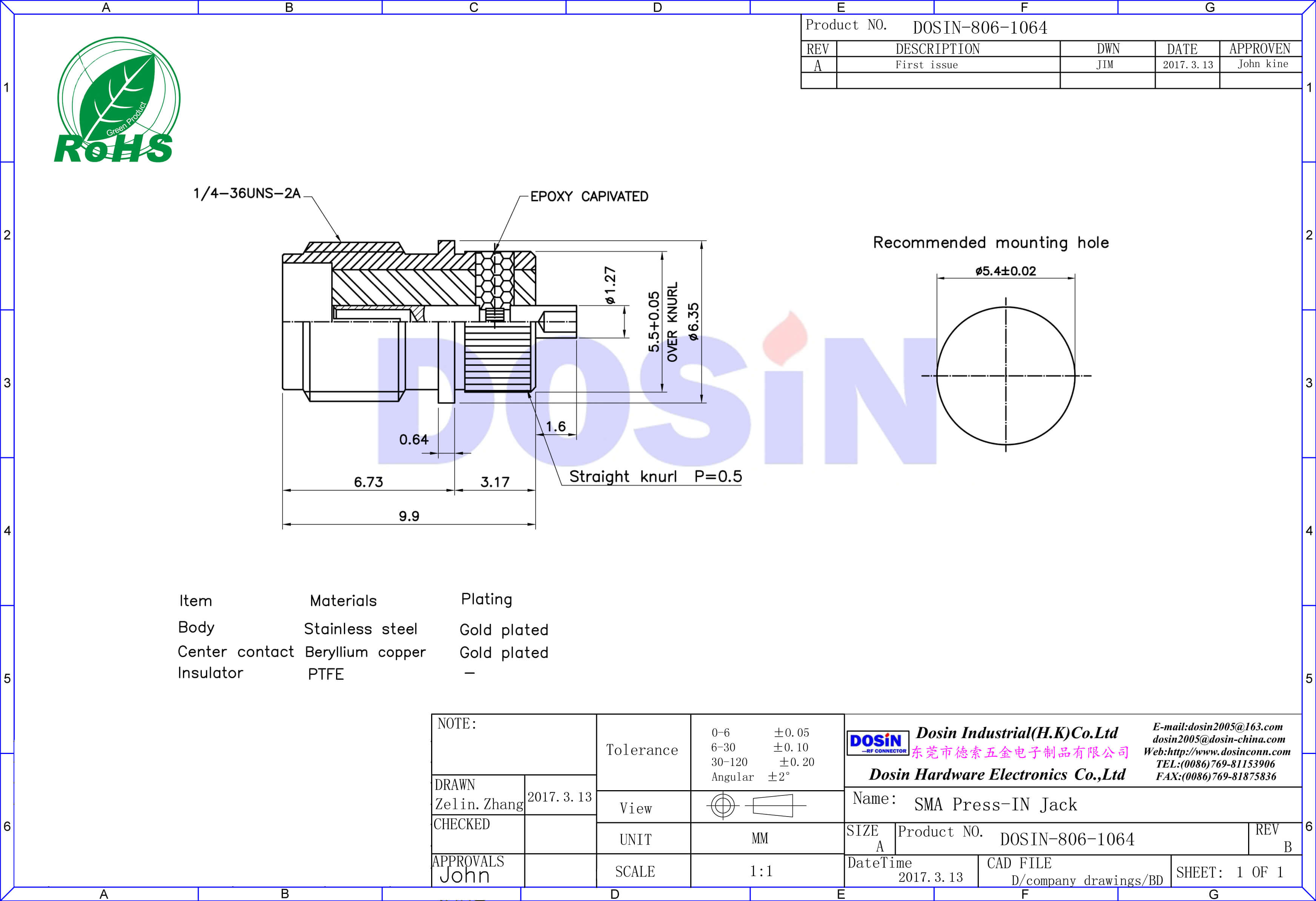 SMA母頭180度直式母座金色樹脂灌膠電視接頭壓入式