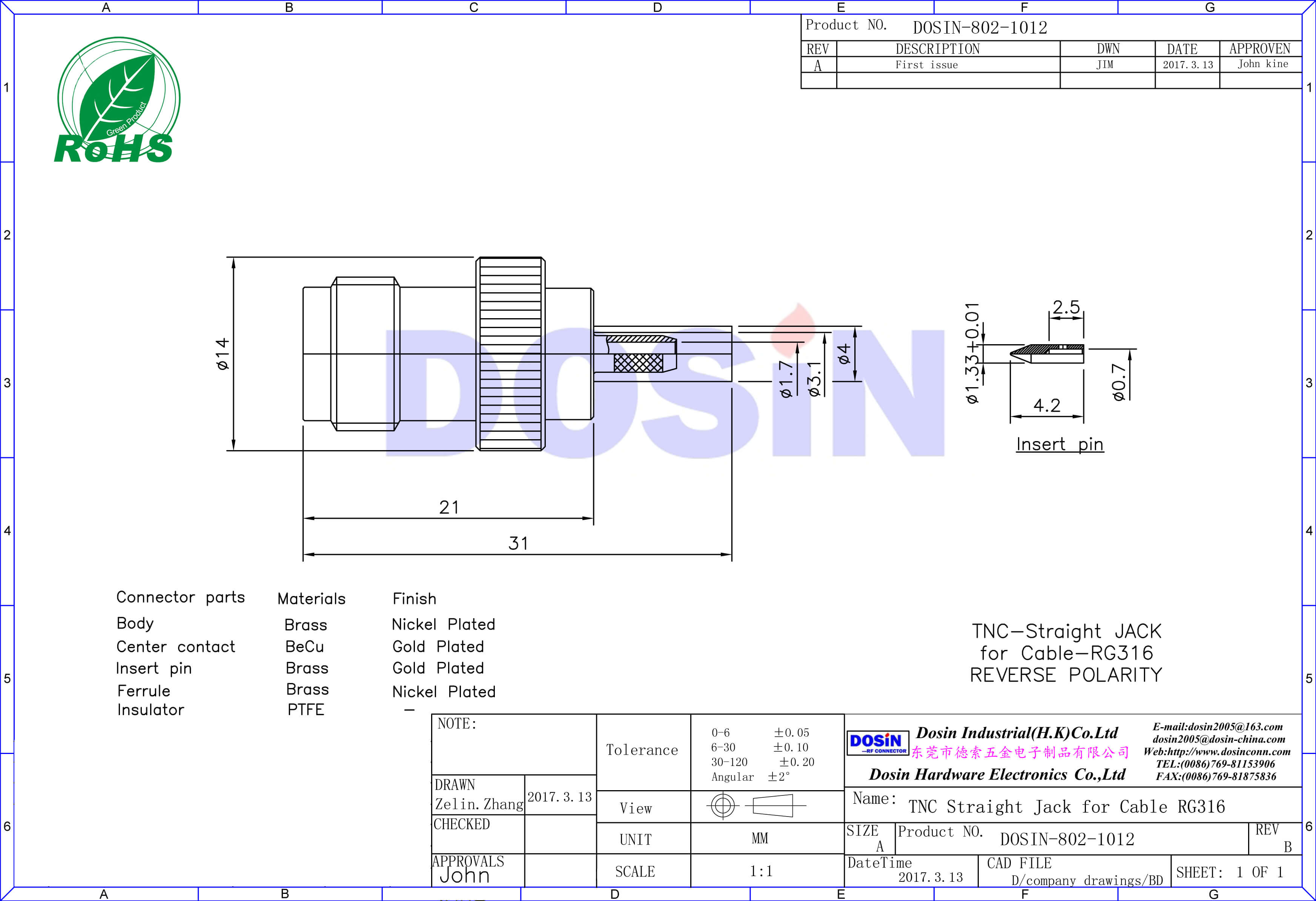 tnc型接頭母頭同軸線纜RG316直式壓接