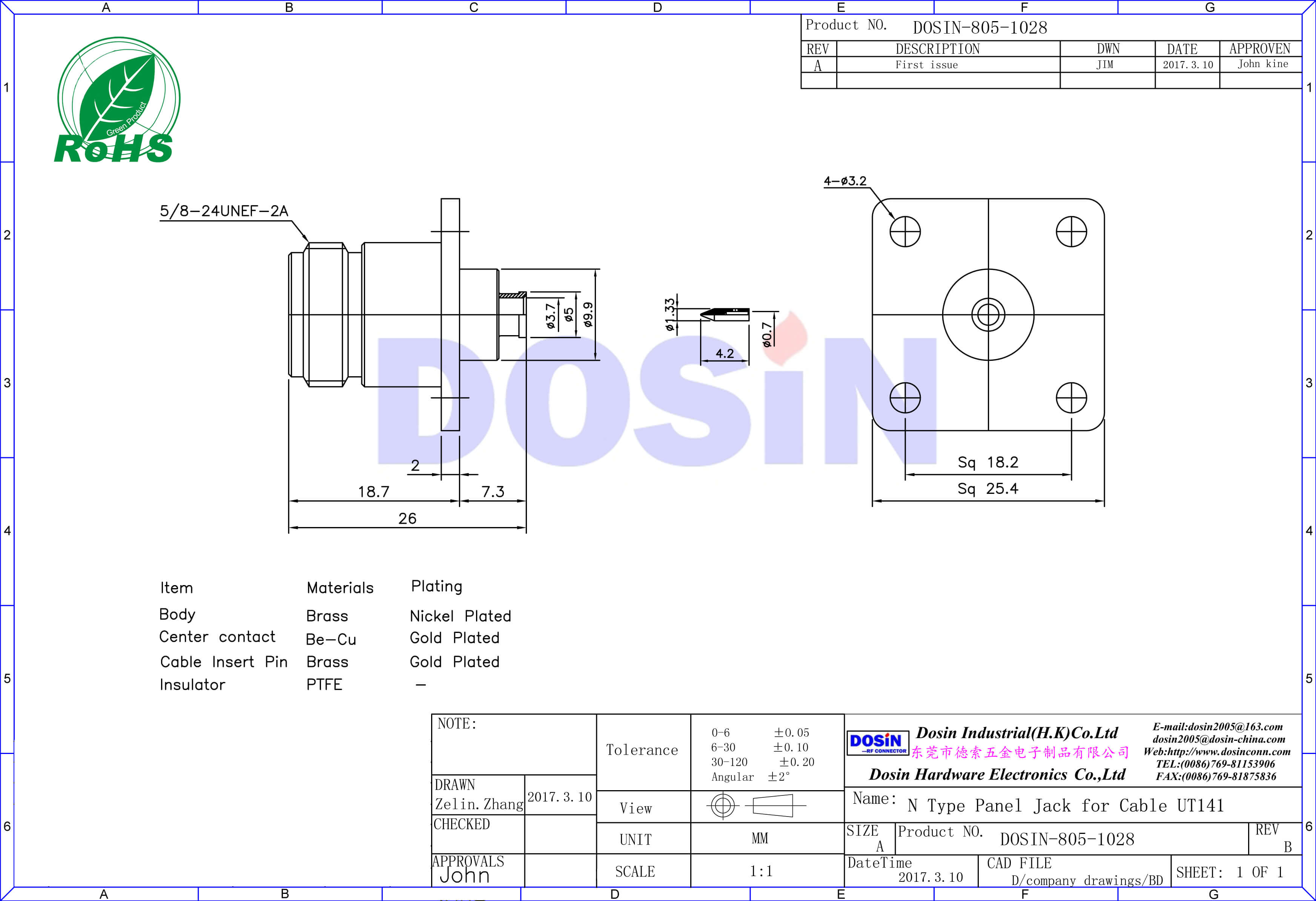 n頭母頭射頻同軸插座4孔法蘭盤面板連接線UT14