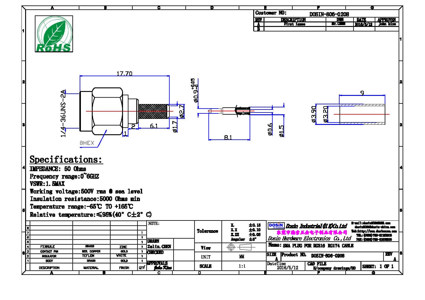 SMA連接器壓接式SMA公頭接RG174線