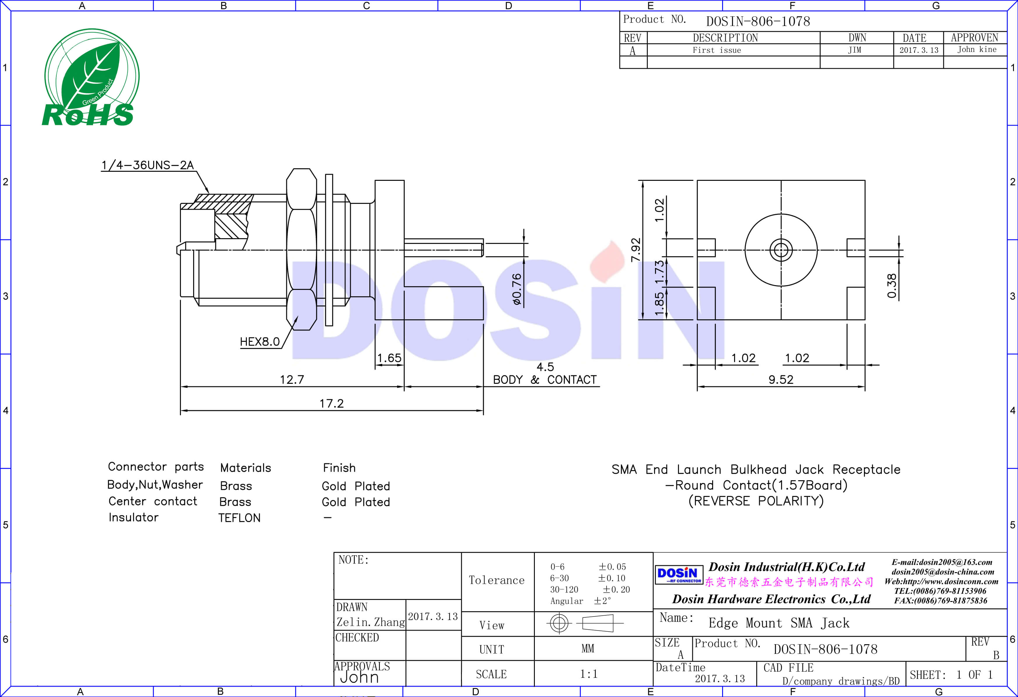 SMA直式母頭卡板式pcb連接器插座