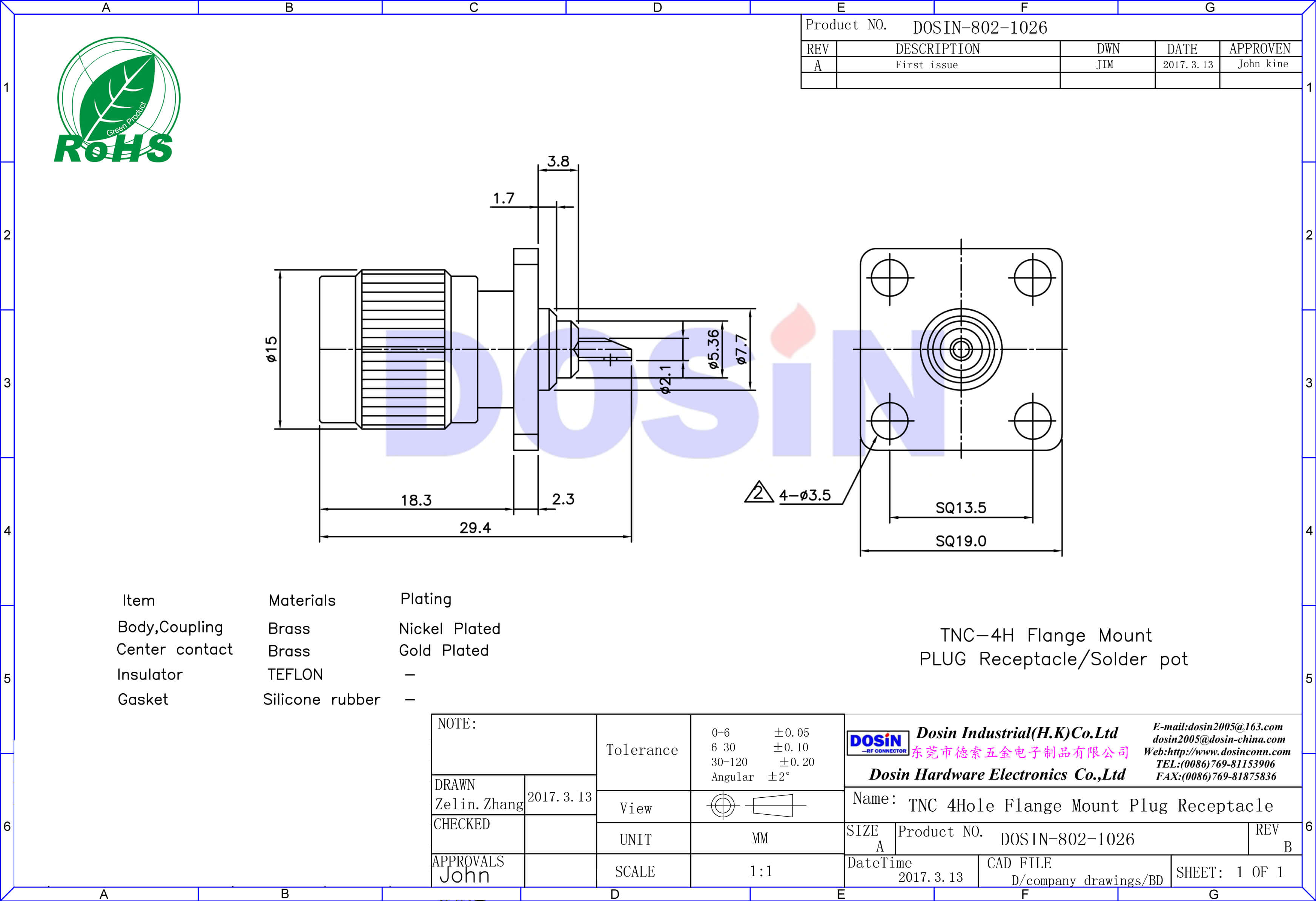 tnc焊接直式公頭4孔方形法蘭盤面板安裝