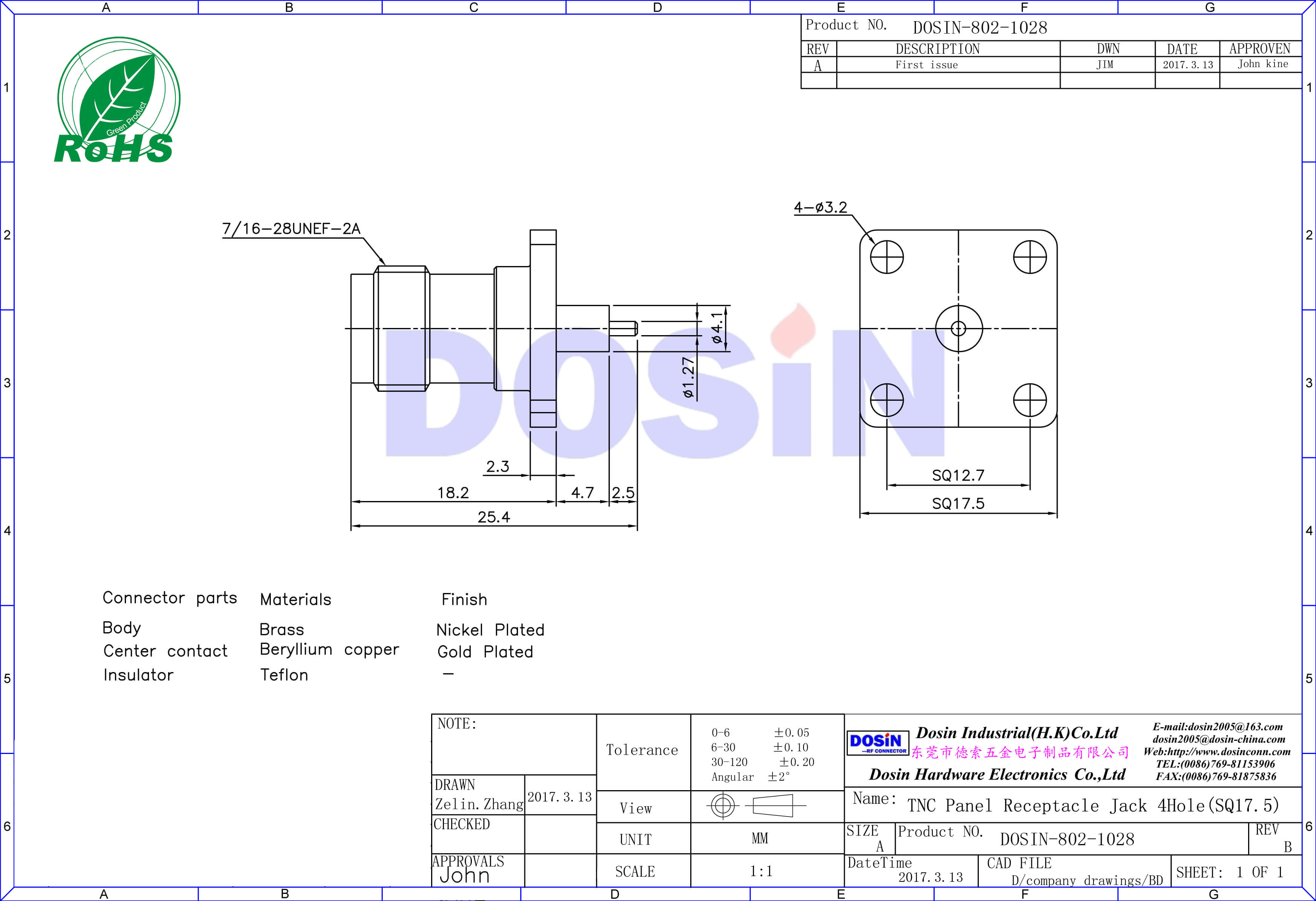 tnc射頻同軸連接器直式焊接母頭法蘭式4孔方形安裝盤