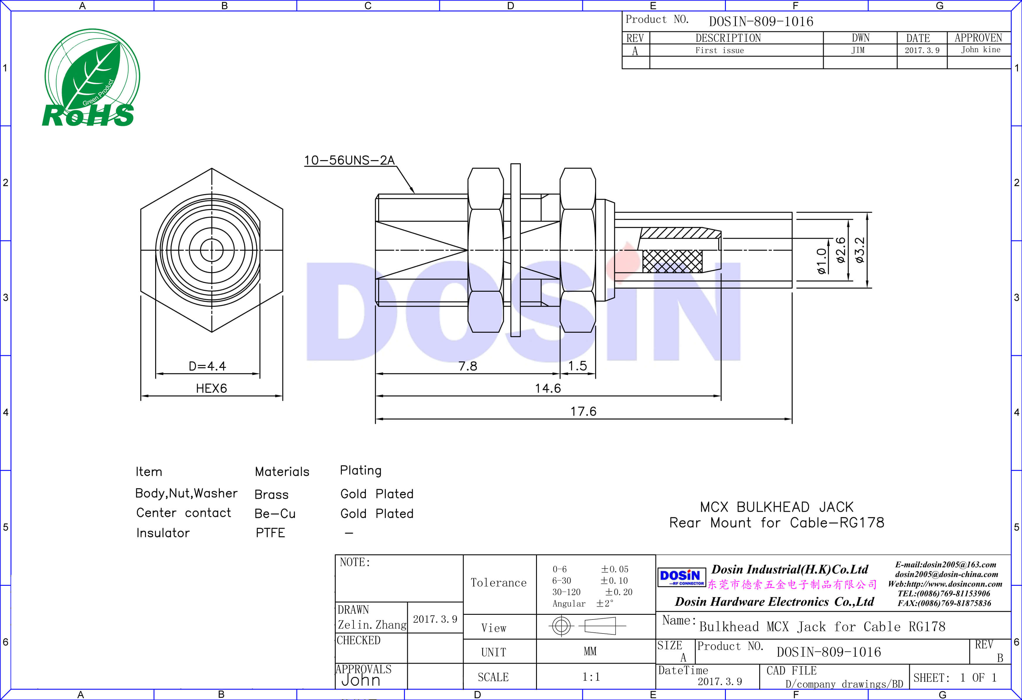 mcx直式母頭穿墻式連接器同軸電纜接頭RG178