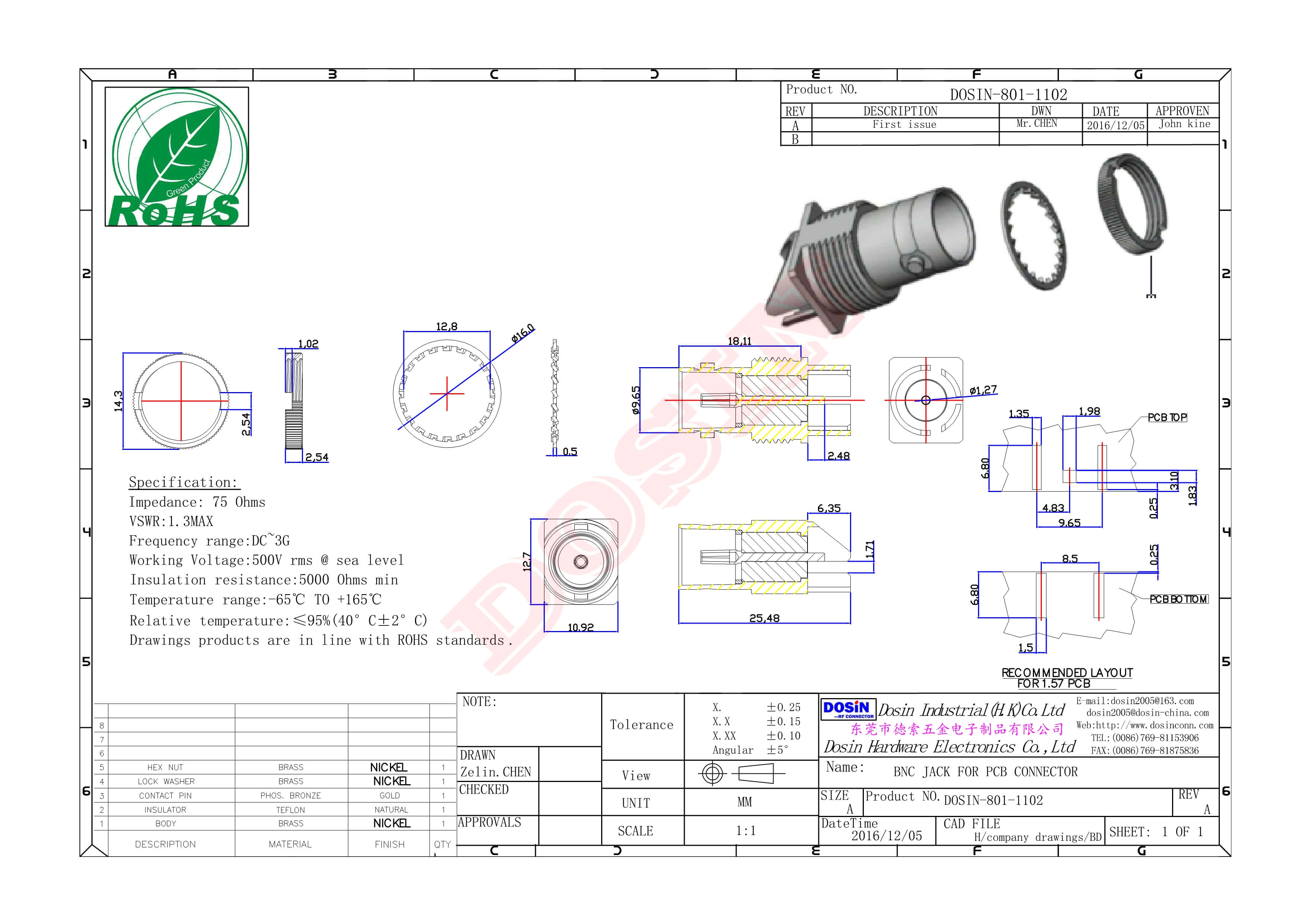 bnc鍍金母頭直式邊緣卡板接PCB板