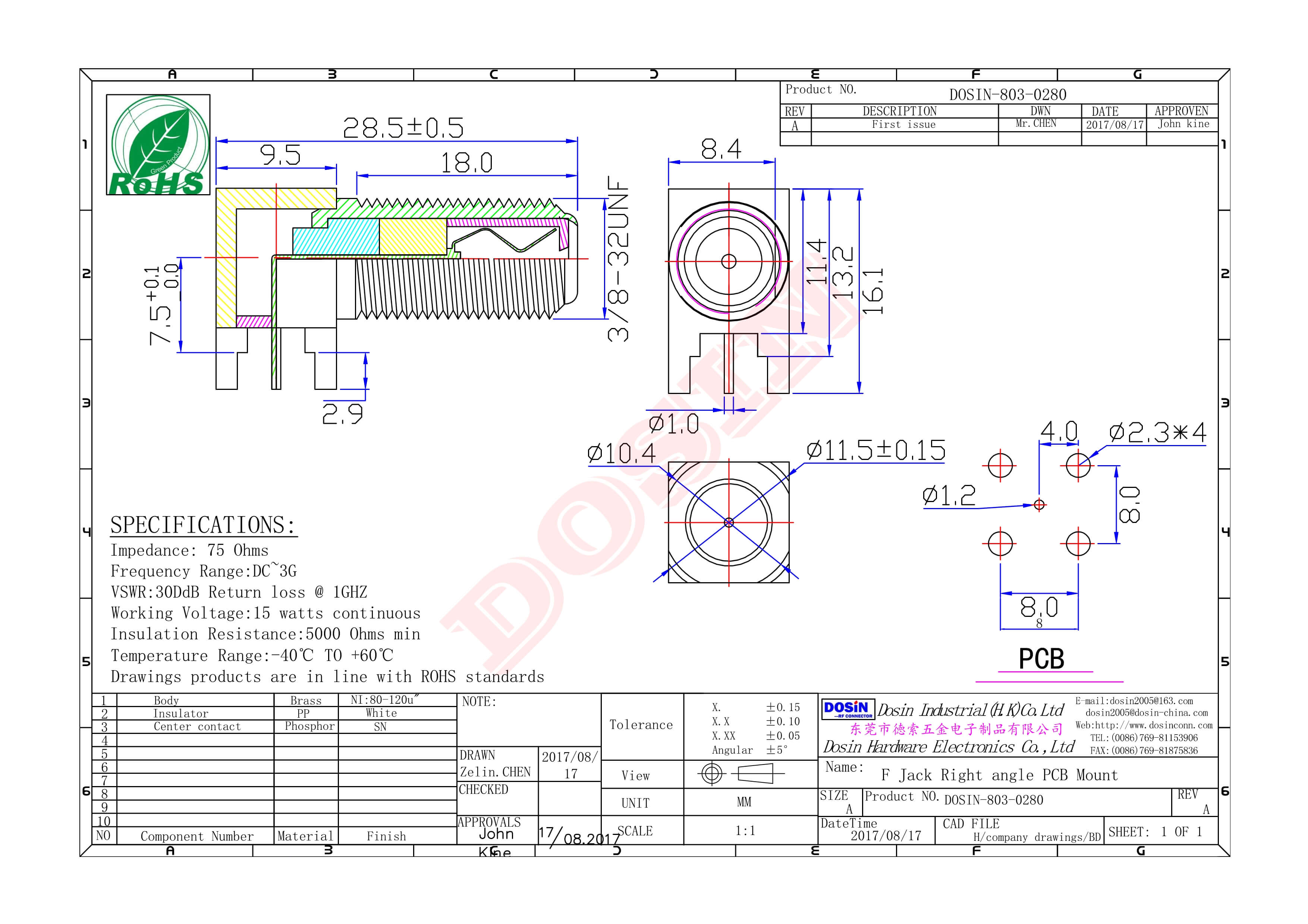 f接頭穿墻安裝母頭彎式插孔PCB板