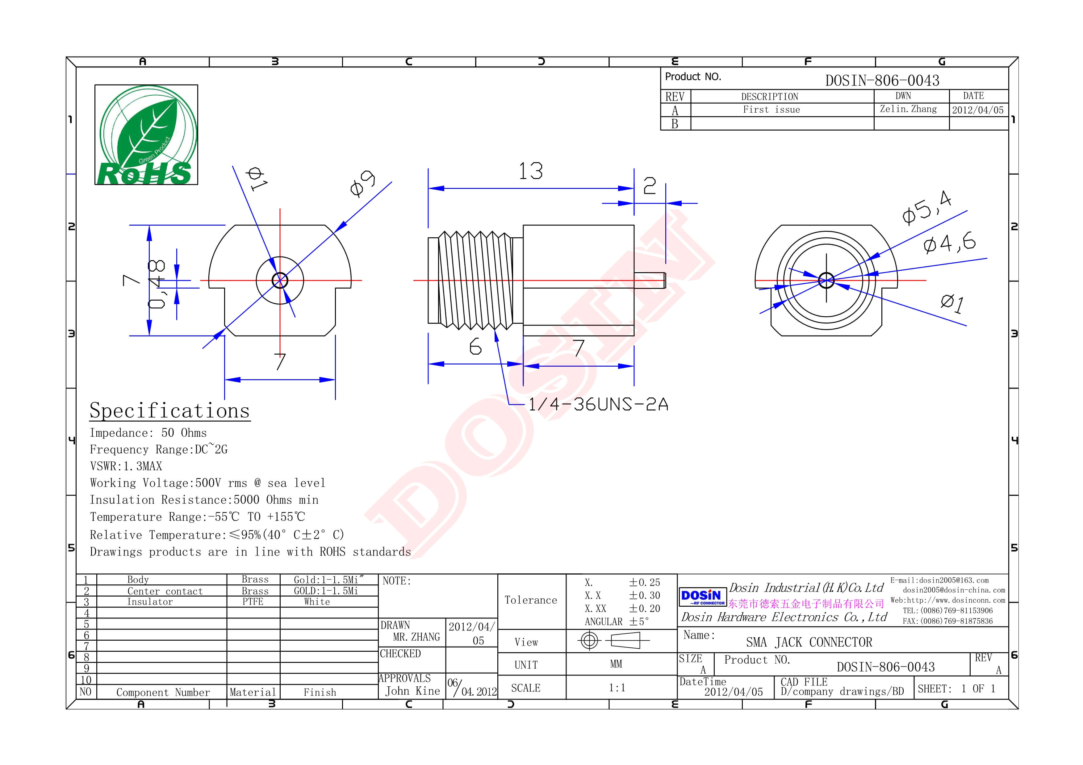 SMA母座直式沉板式接PCB板鍍金