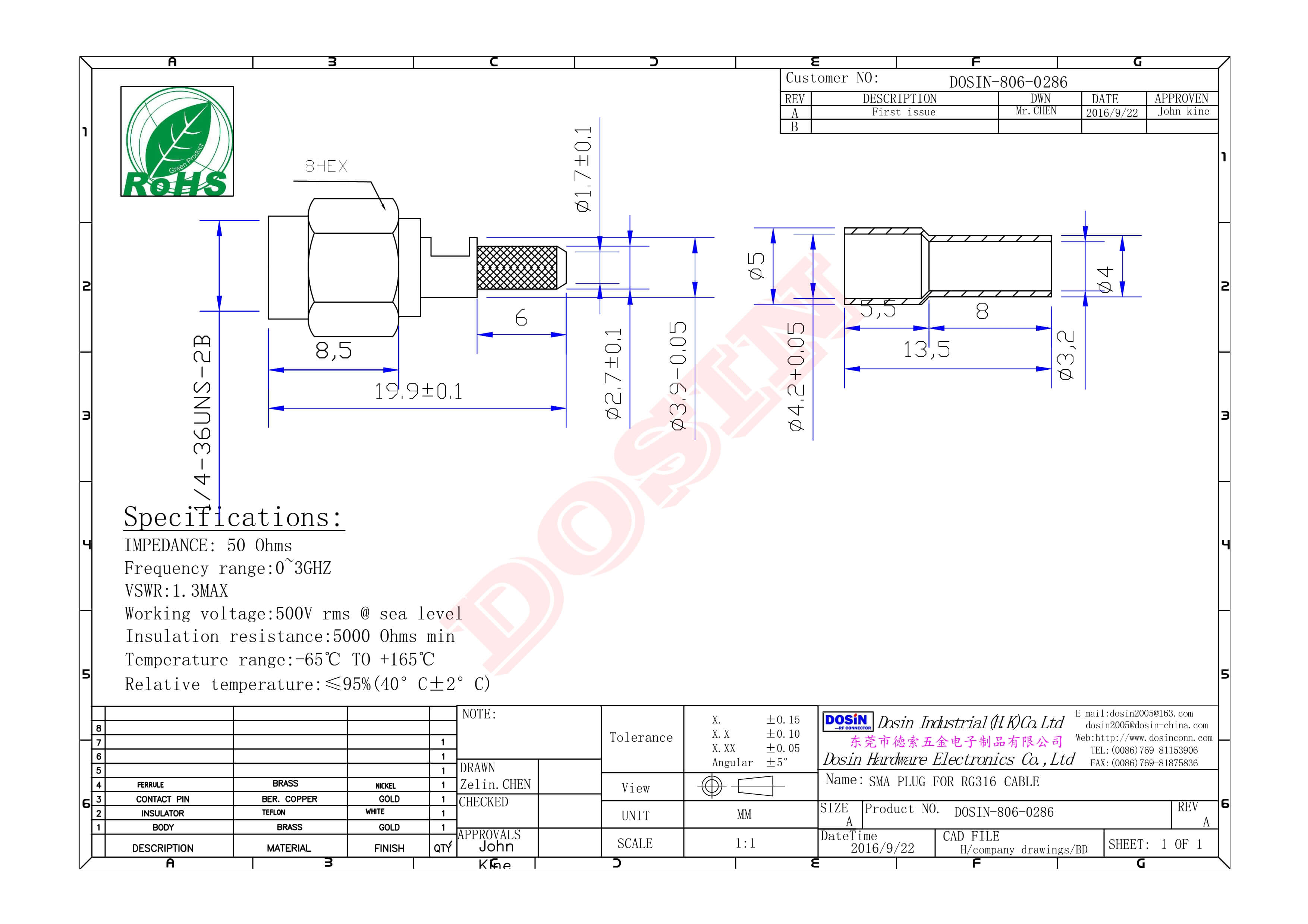 壓接SMA公頭直式鍍金開天窗接同軸線纜