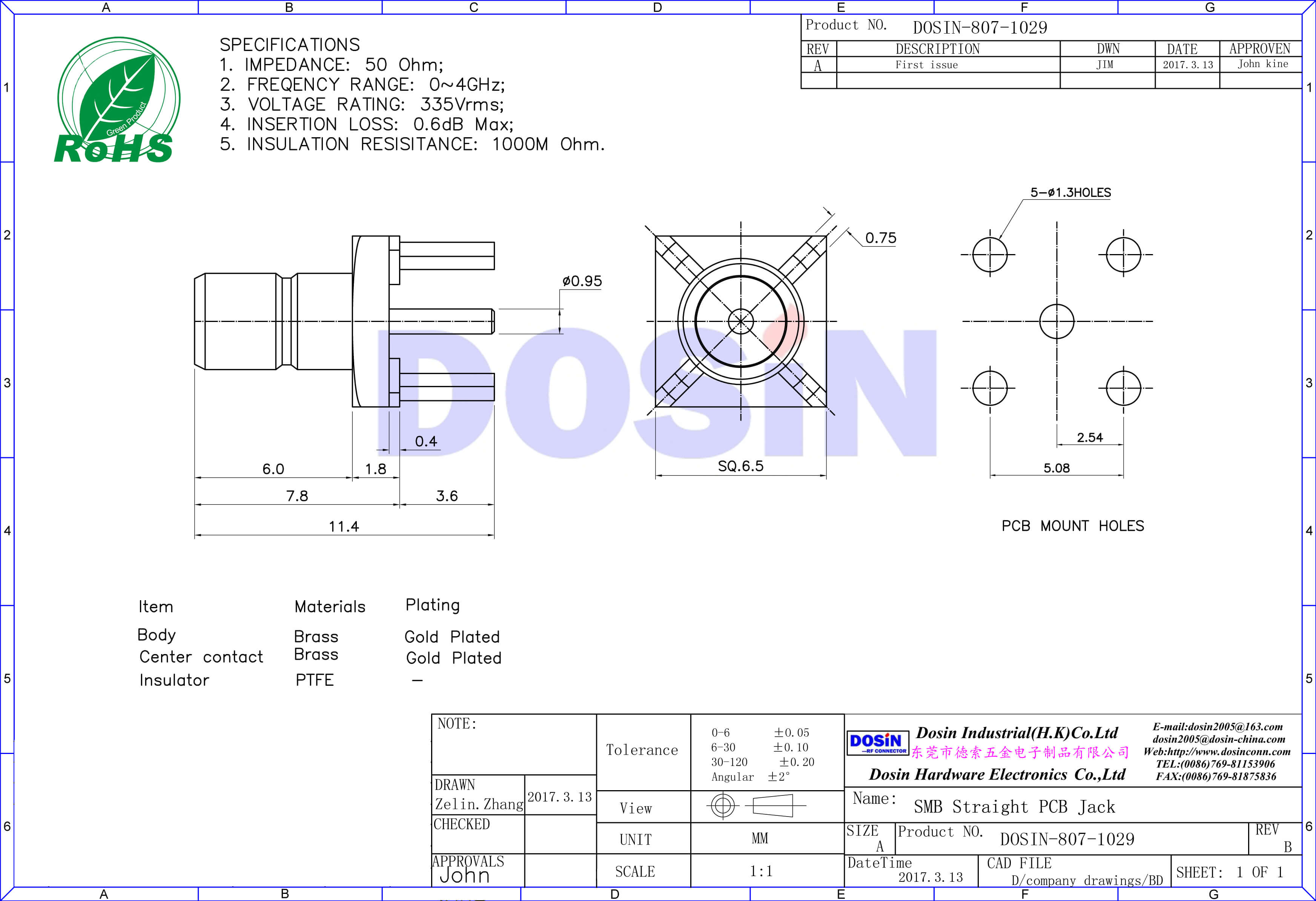 SMB直插鍍金母頭射頻pcb連接器直插連接器