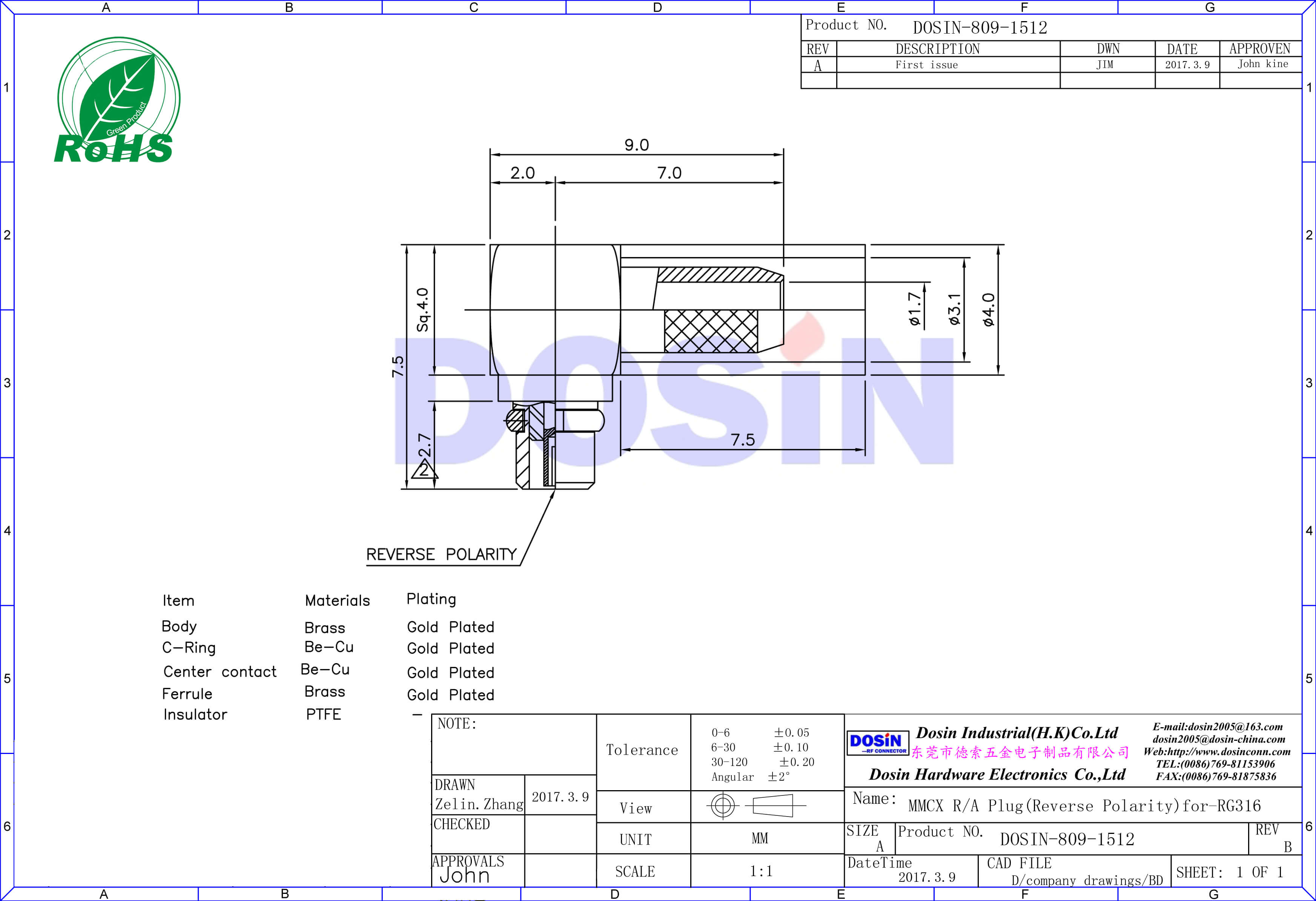 mmcx反極插頭彎式壓接線纜RG316同軸連接器