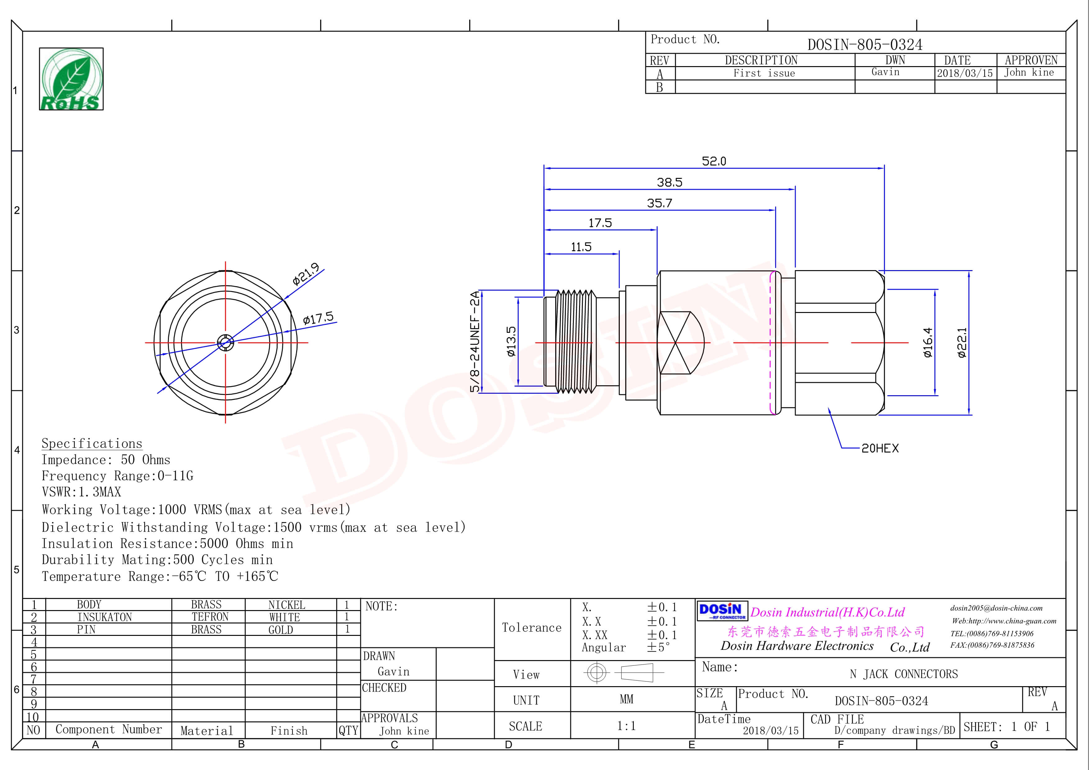 N型連接器防水直式母頭螺母鎖緊接線
