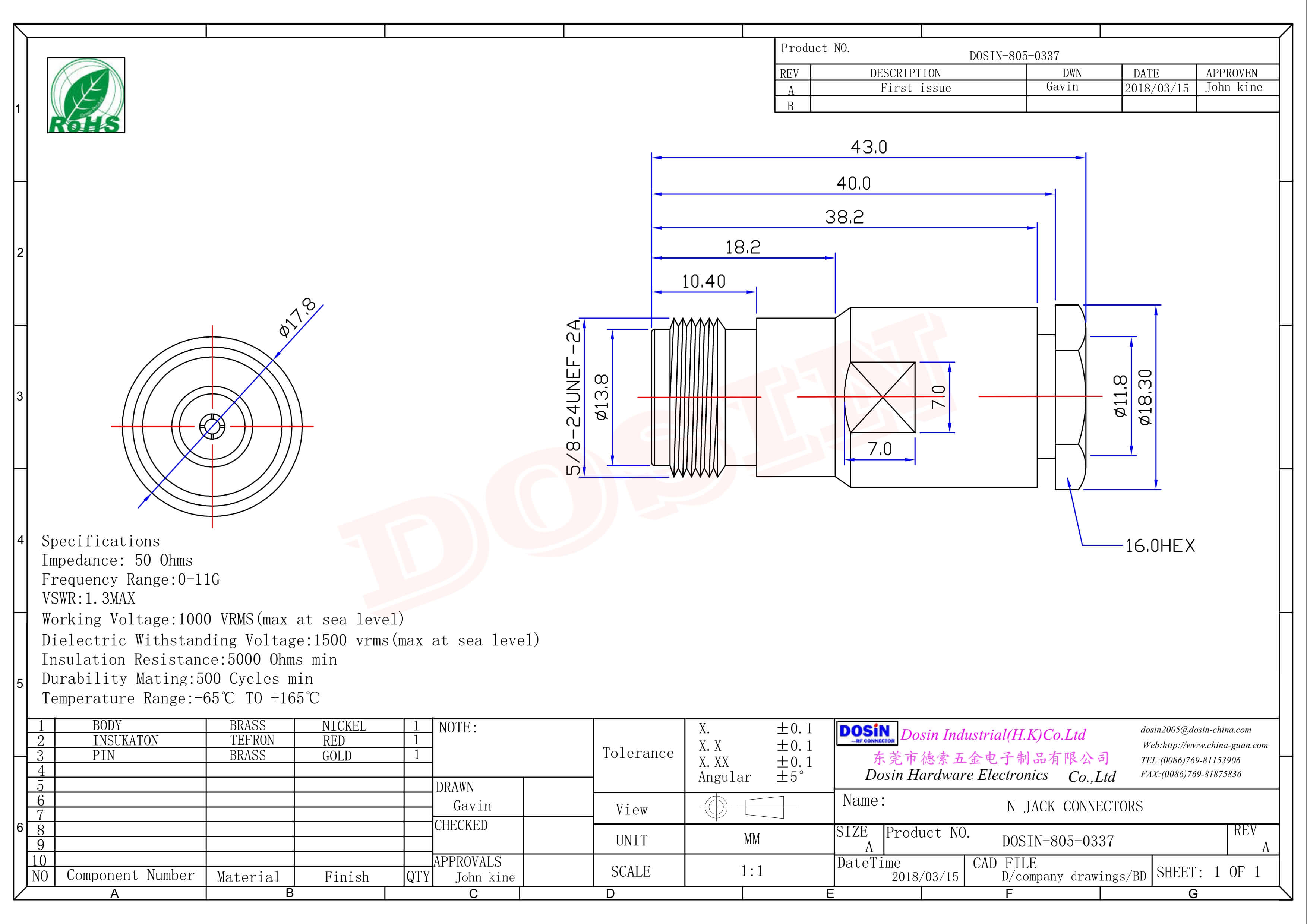 專業(yè)射頻同軸連接器N型直式母頭母針螺母鎖緊