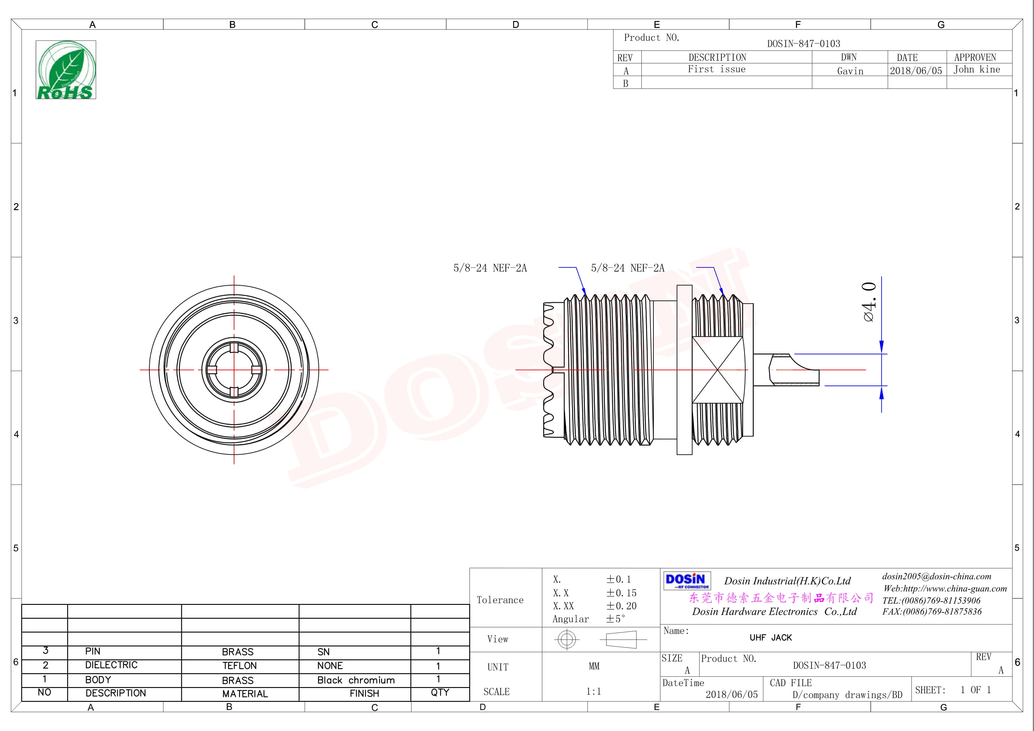 uhf射頻連接器直式母頭前鎖穿墻接面板