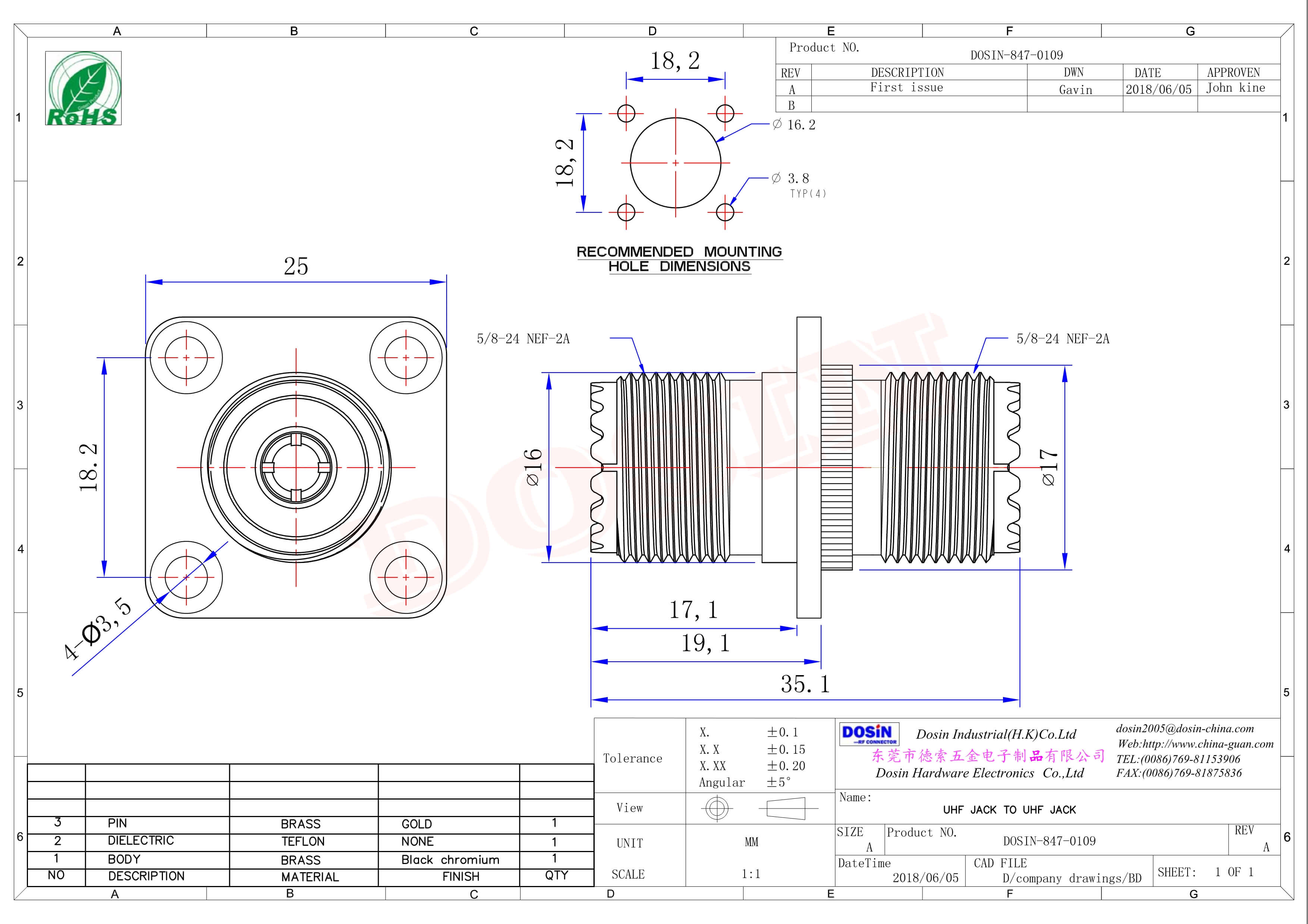 uhf 射頻接頭法蘭安裝穿墻直式接線母頭UHF-UF1F-KKF