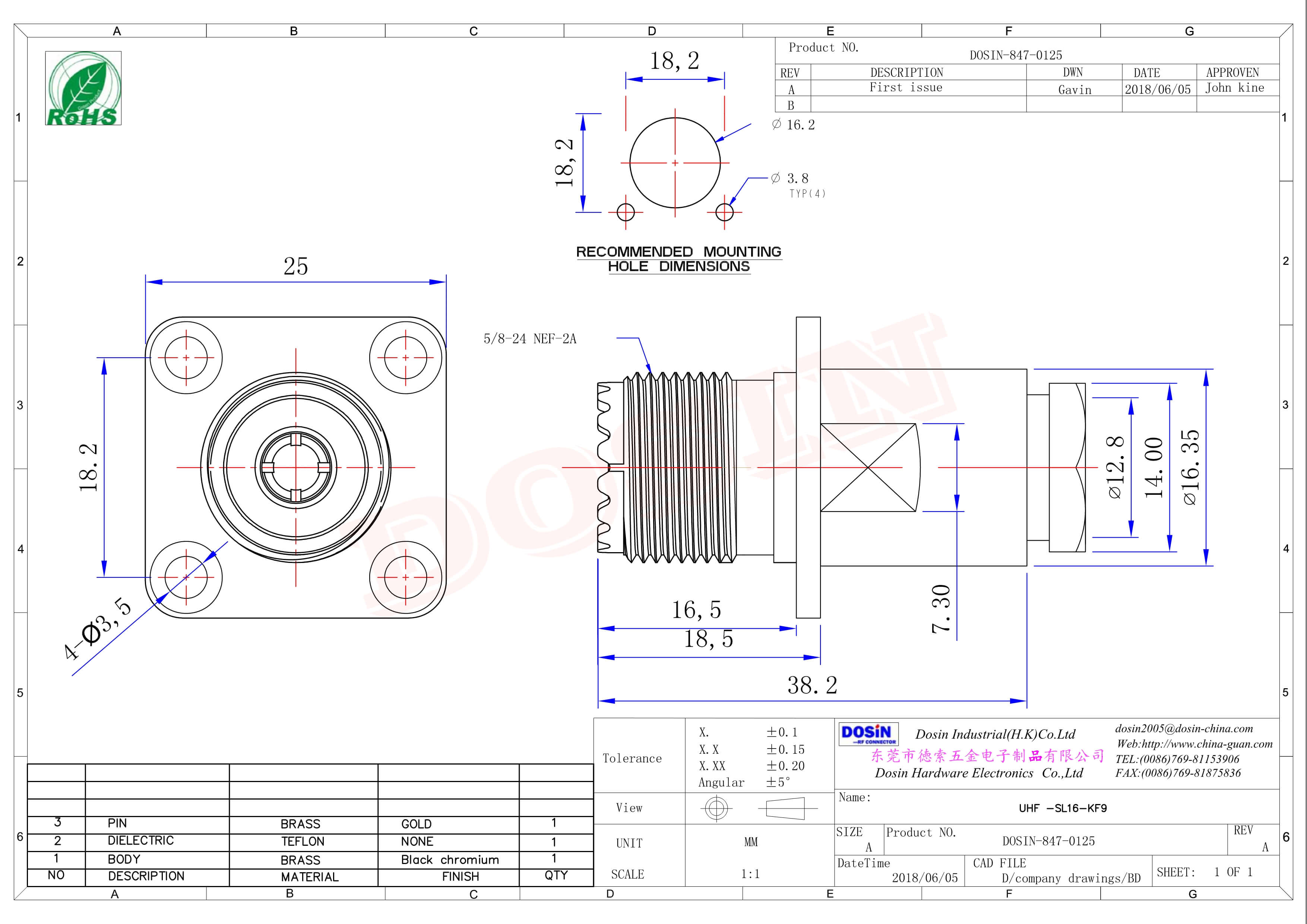 uhf法蘭連接器母頭直式螺母鎖緊UHF-SL16-KF9