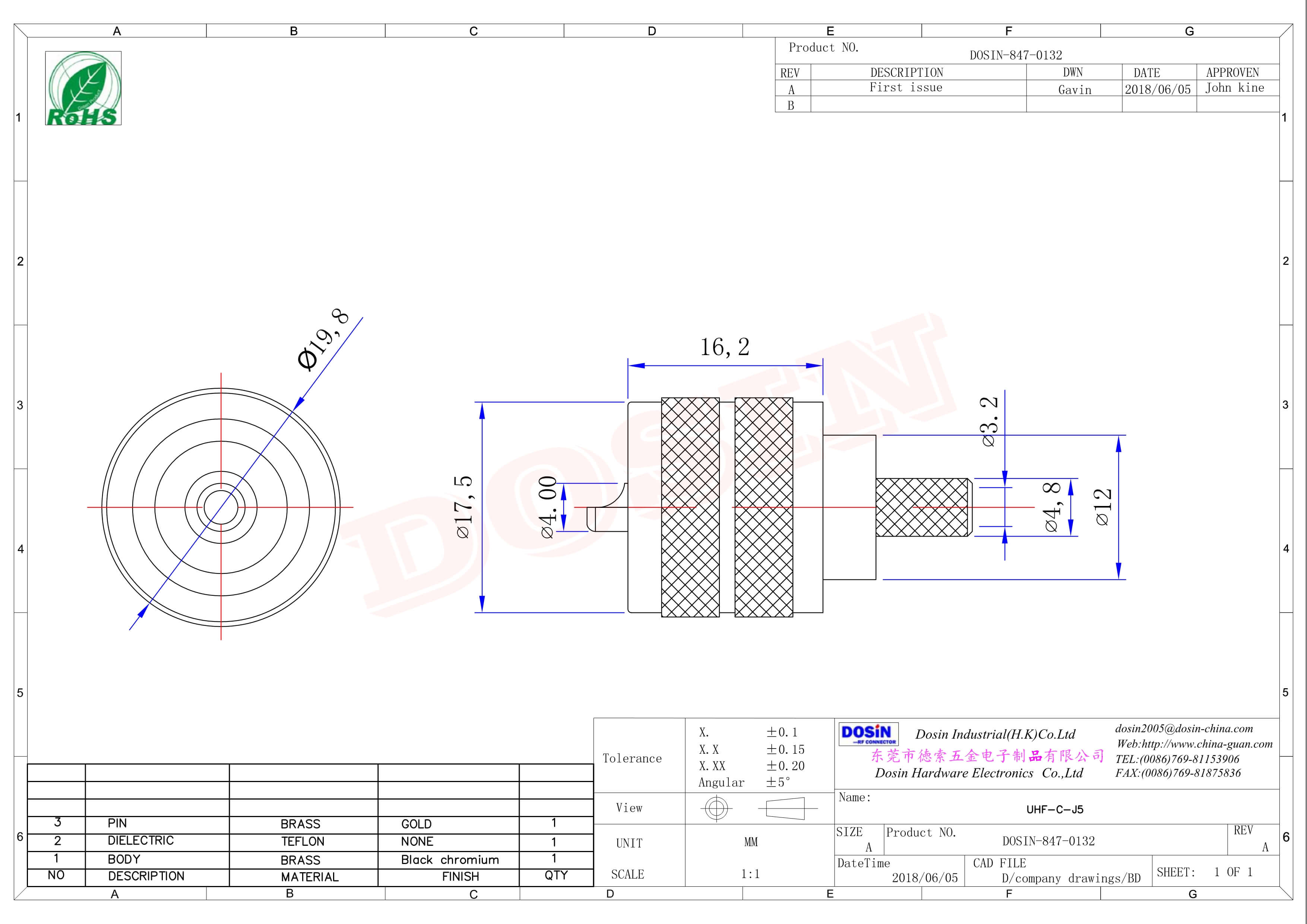 uhf射頻同軸連接器壓接直式母頭接RG58線