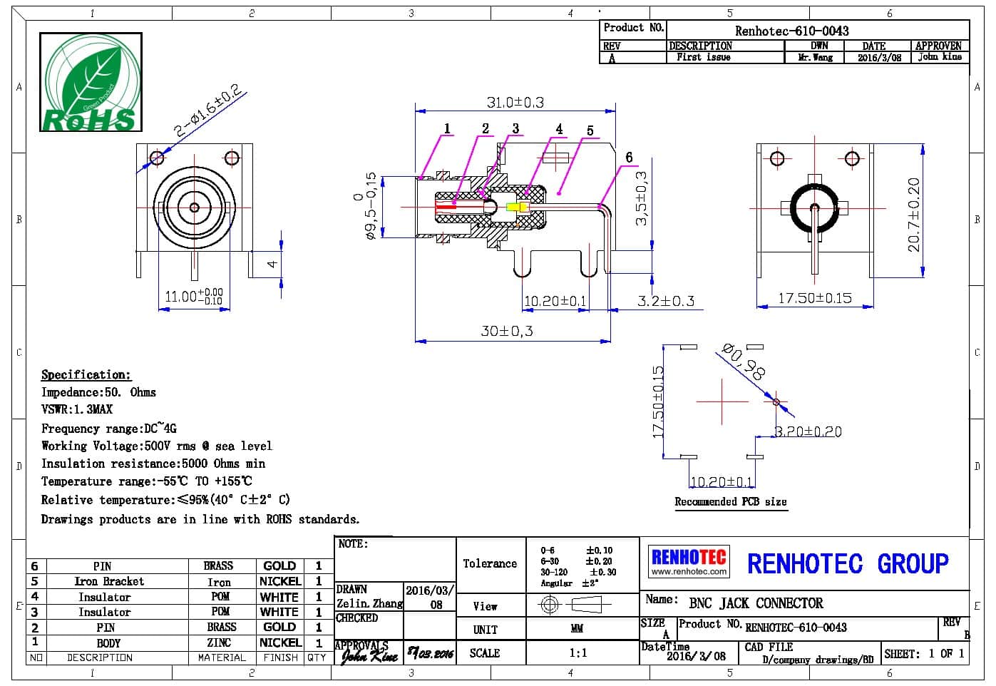 rf射頻同軸連接器 BNC彎式母頭 PCB