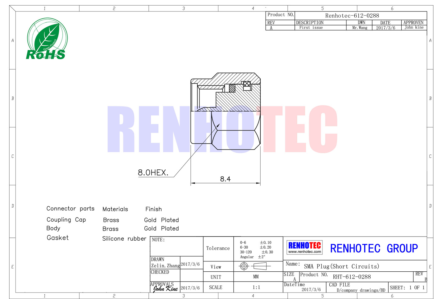 SMA短路器帶公針鍍金