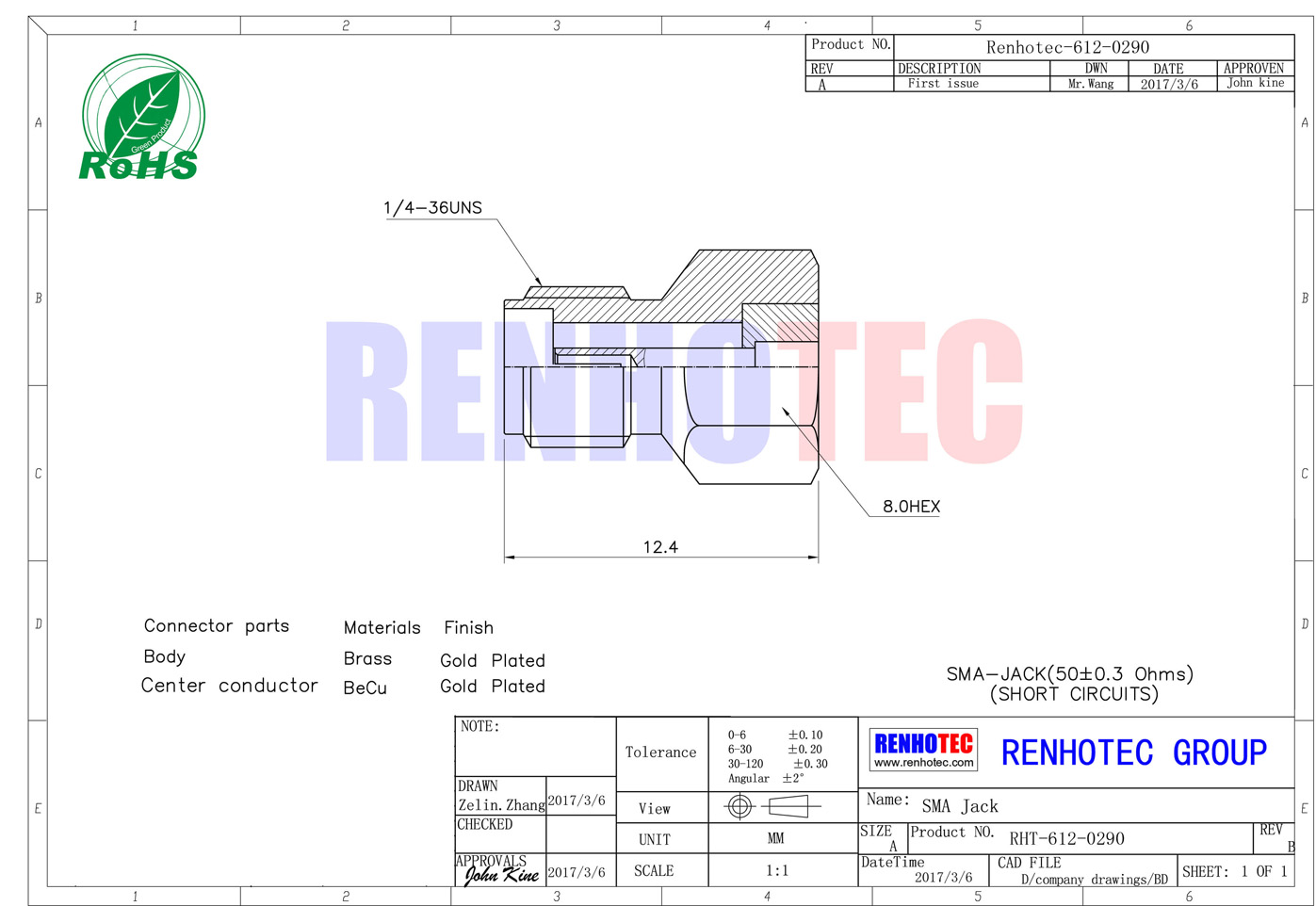 SMA母頭短路器50歐姆鍍金