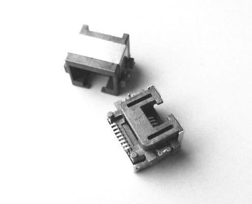 RJ45插座屏蔽90度2插板帶柱/CU殼帶屏蔽扁針8P迷你母座X3