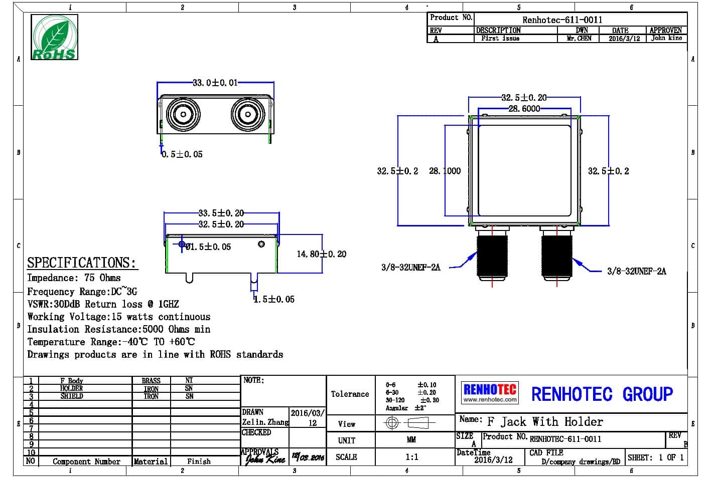 雙頭F頭射頻同軸連接器母頭穿墻式帶屏蔽罩