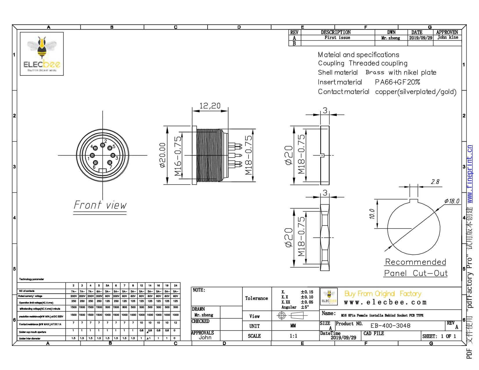 圓8芯插座引腳M16母頭A扣直式穿墻PCB板連接器板端插座焊接
